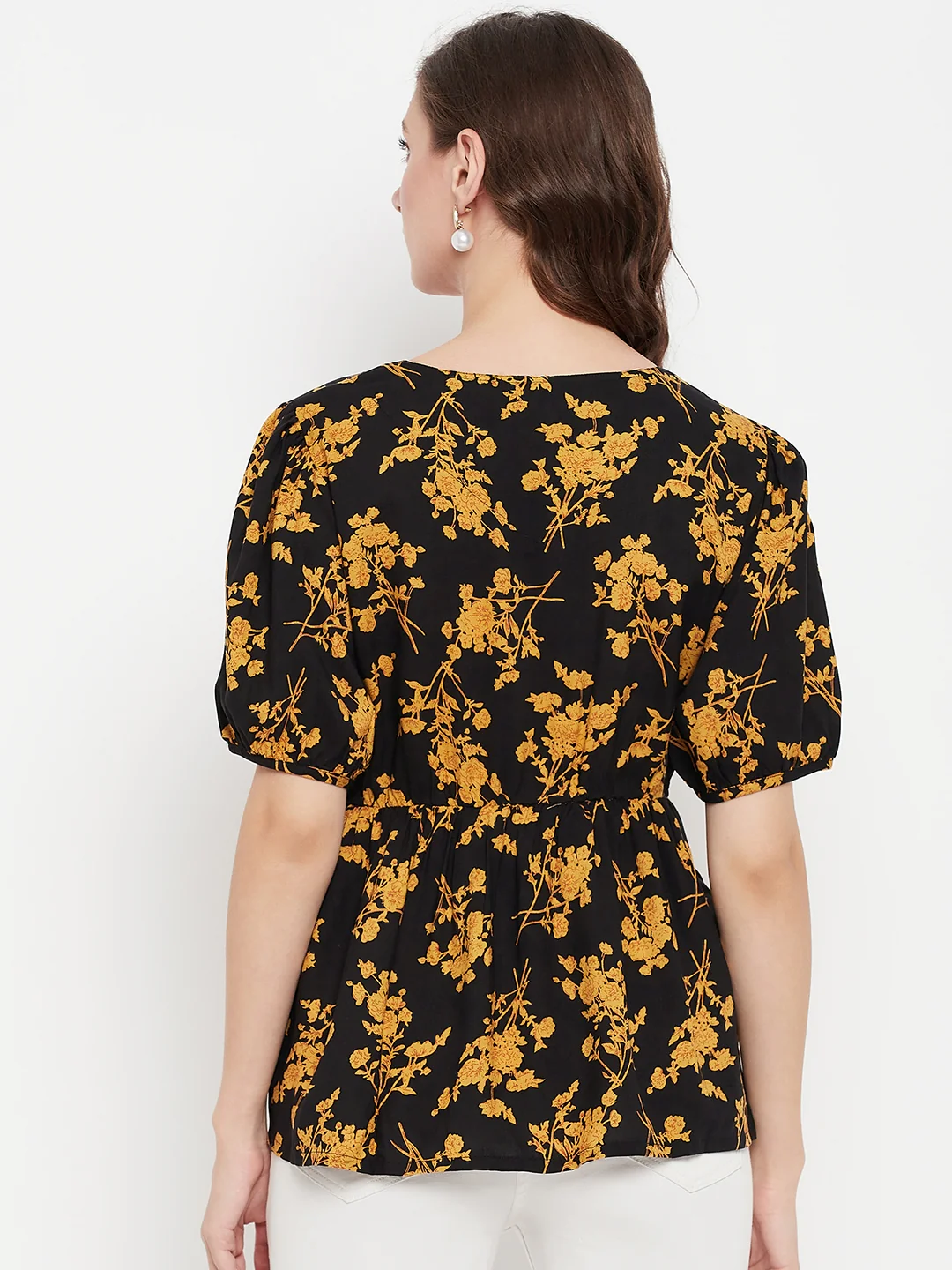 Women's Casual  Black Floral Print V neck Top - Image 5