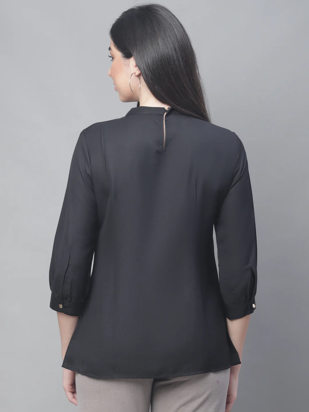 Women's Casual  Black Solid Round neck with Keyhole Tunic - Image 2
