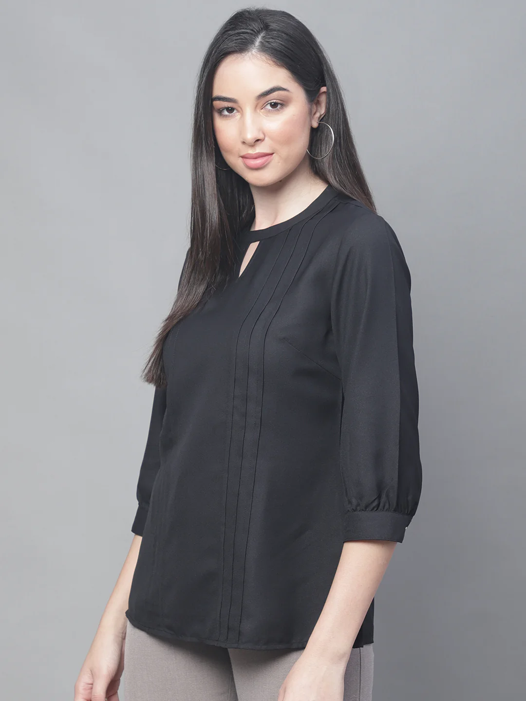 Women's Casual  Black Solid Round neck with Keyhole Tunic - Image 3