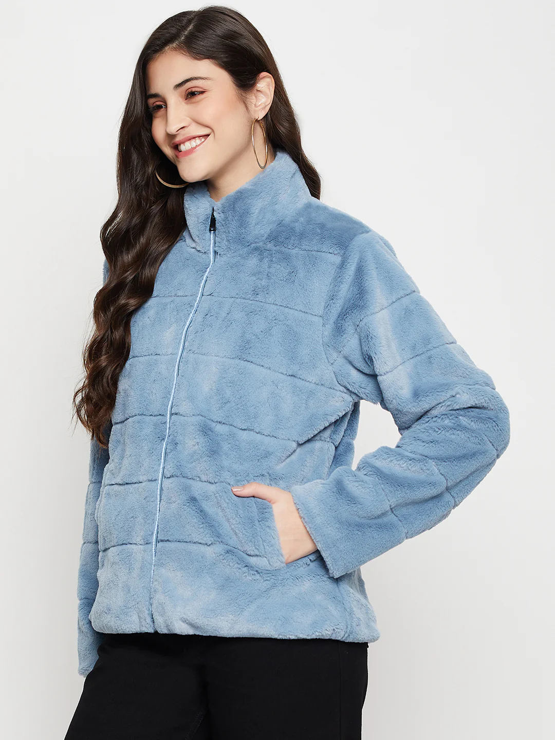 Women's Casual  Blue Soft Faux Fur  Jacket - Image 3