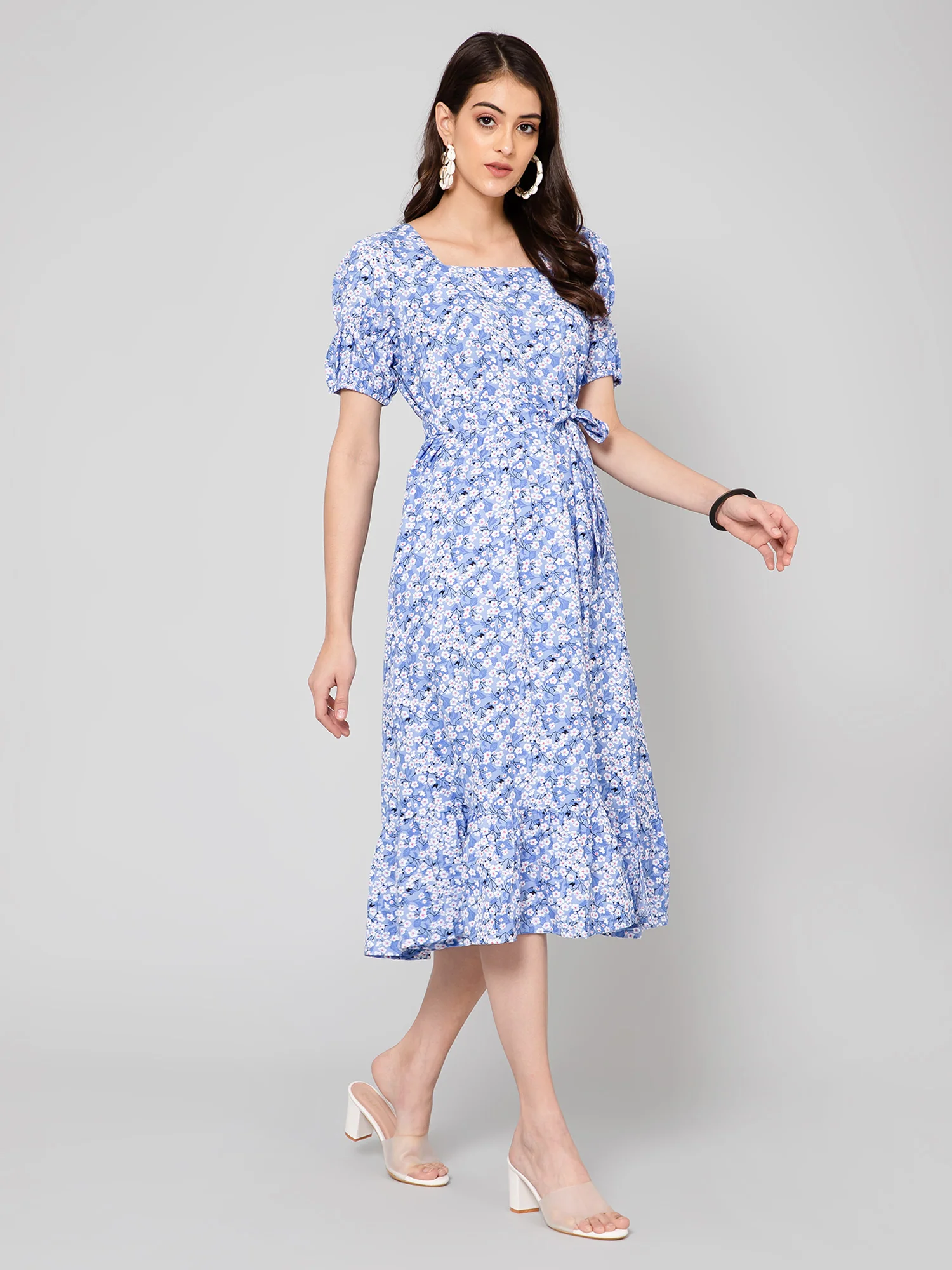 Women's Casual Square neck Blue Ditsy Floral Print Fit & Flared Dress - Image 2