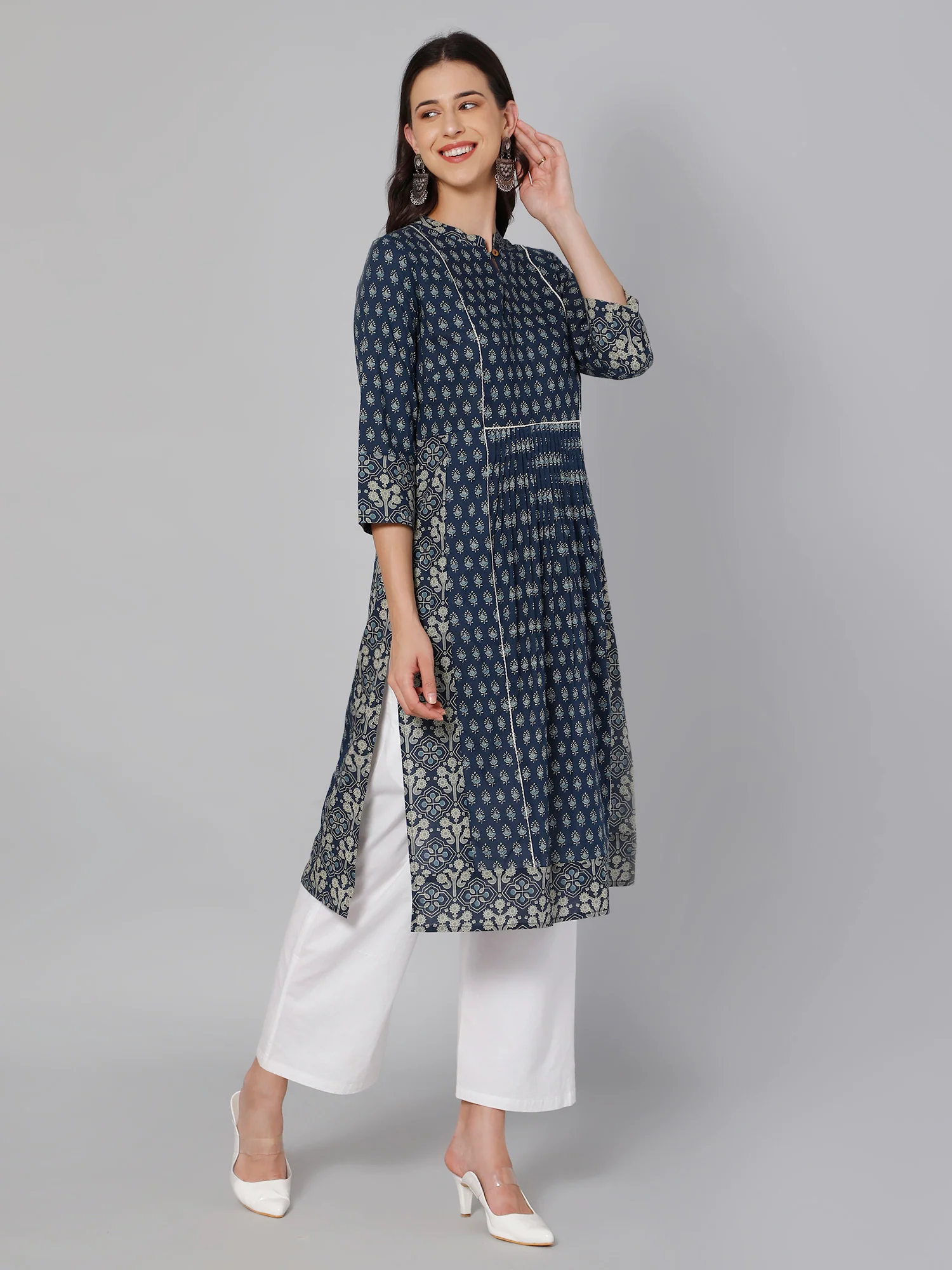 Women's Casual Band Collar Blueprint Printed Knee length Kurti - Image 2