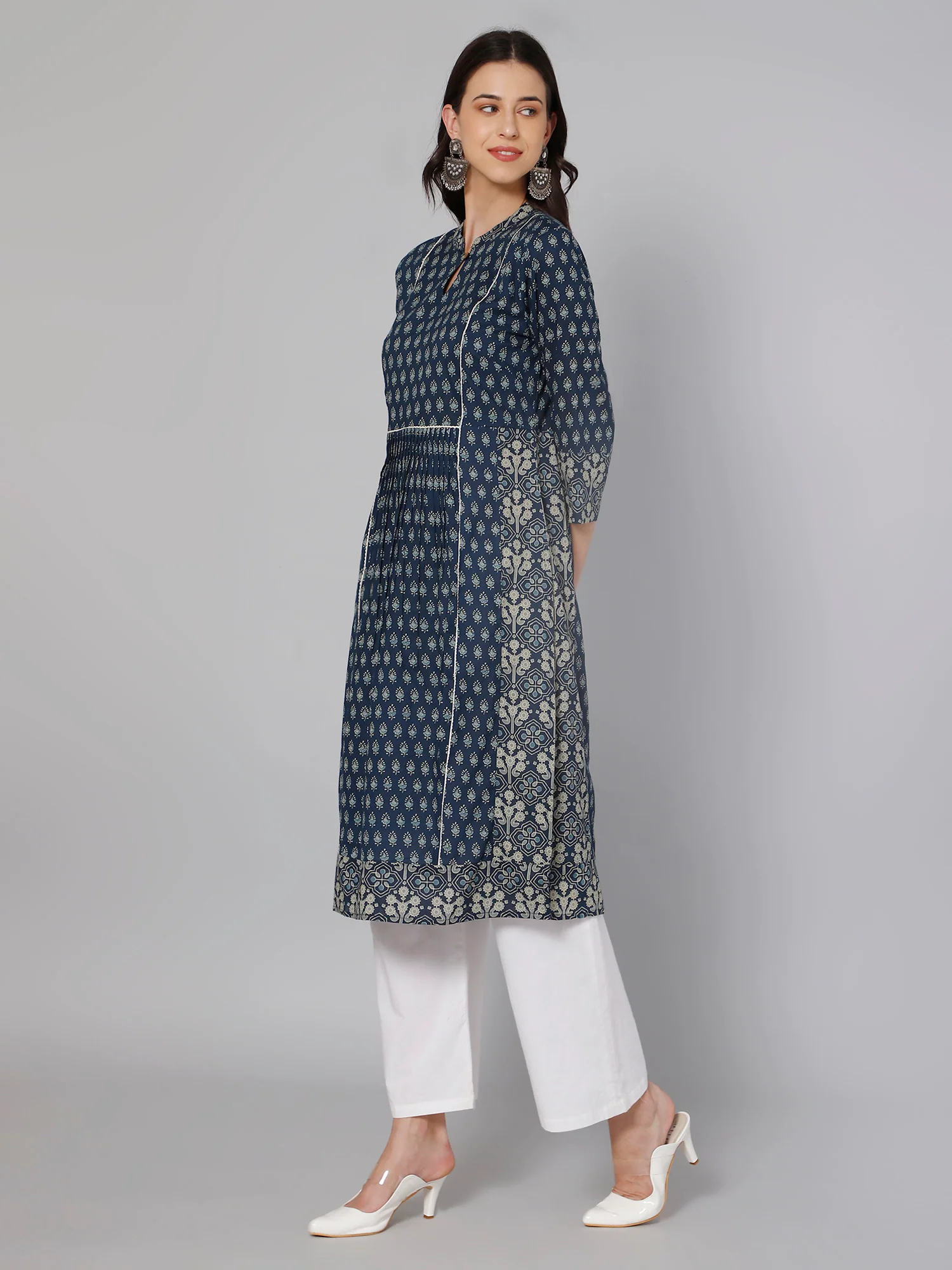 Women's Casual Band Collar Blueprint Printed Knee length Kurti - Image 3