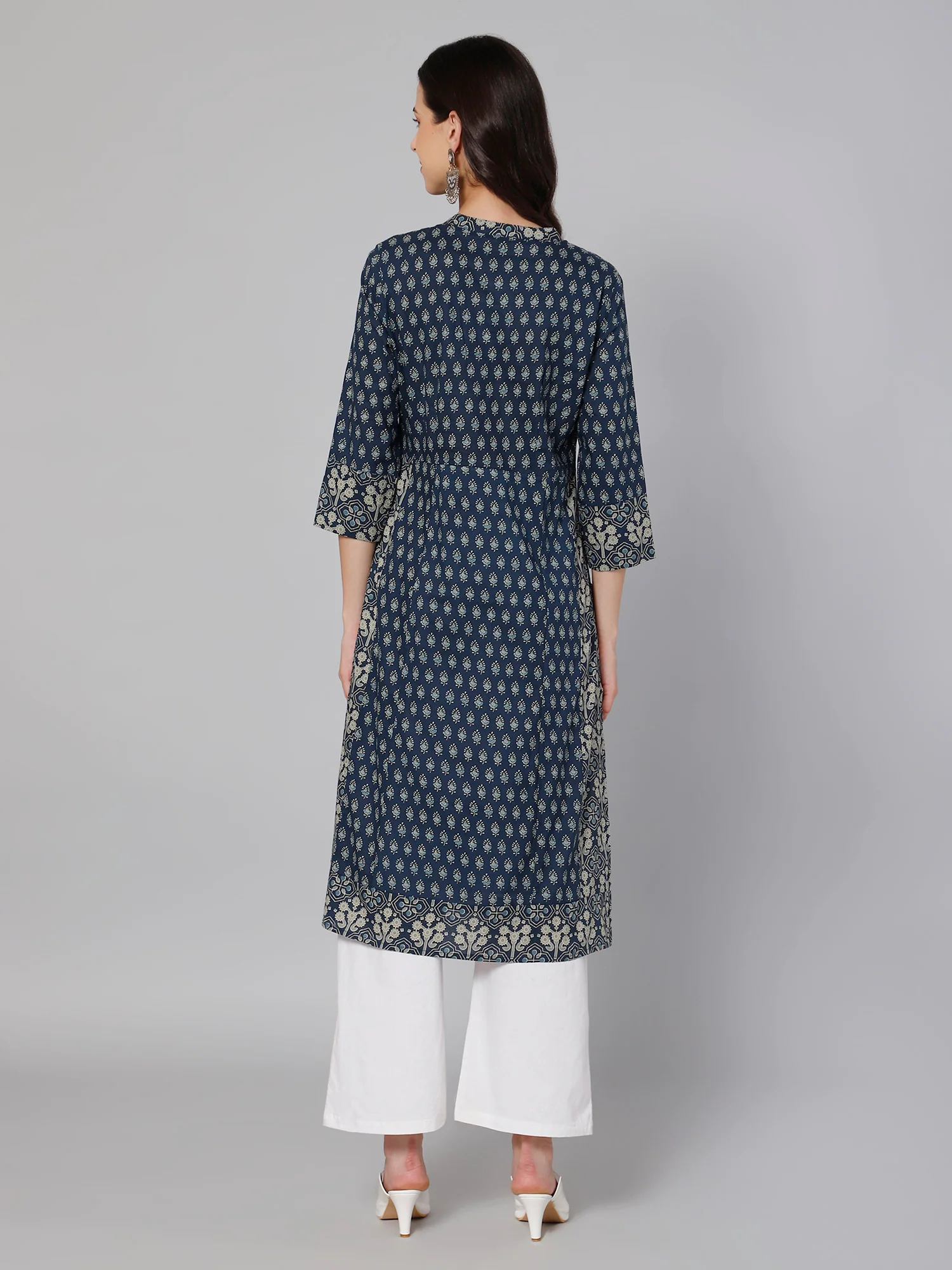 Women's Casual Band Collar Blueprint Printed Knee length Kurti - Image 4