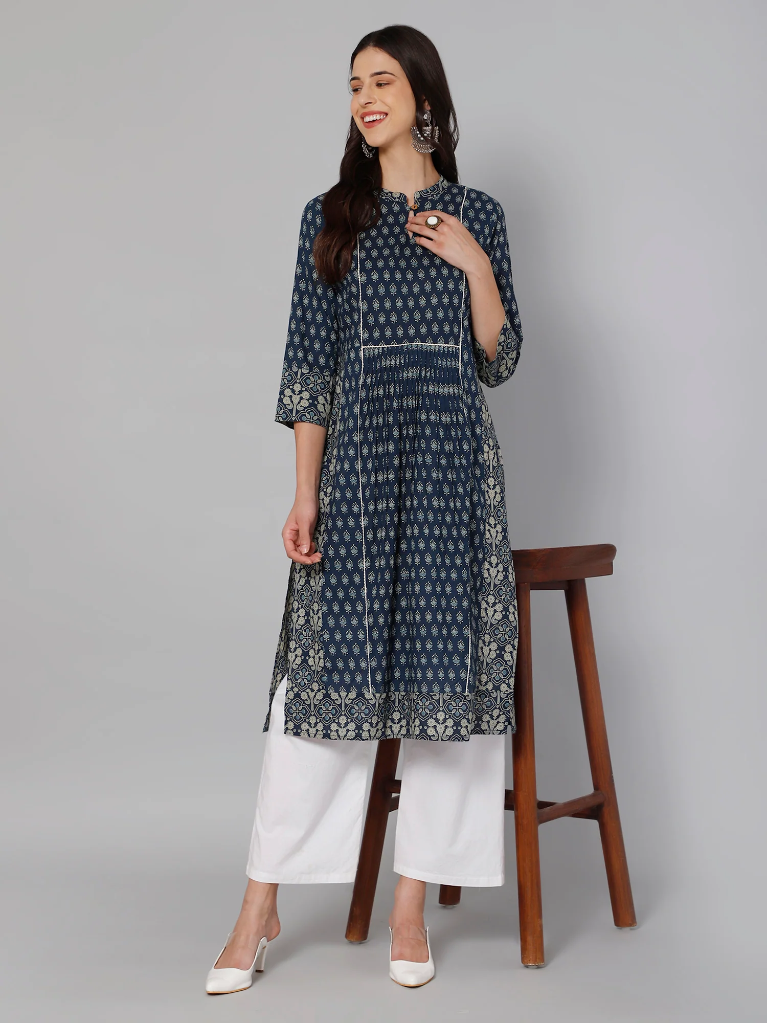 Women's Casual Band Collar Blueprint Printed Knee length Kurti - Image 5
