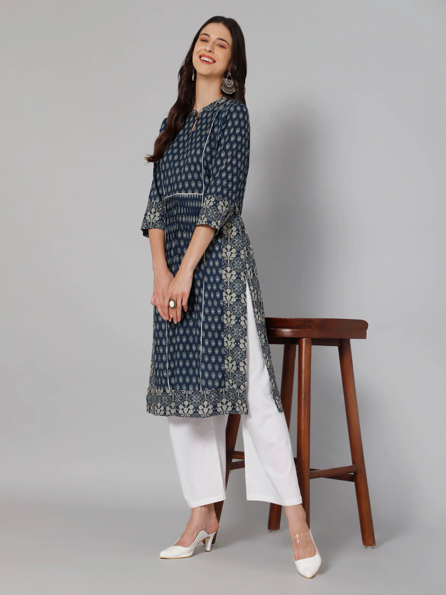 Women's Casual Band Collar Blueprint Printed Knee length Kurti - Image 6