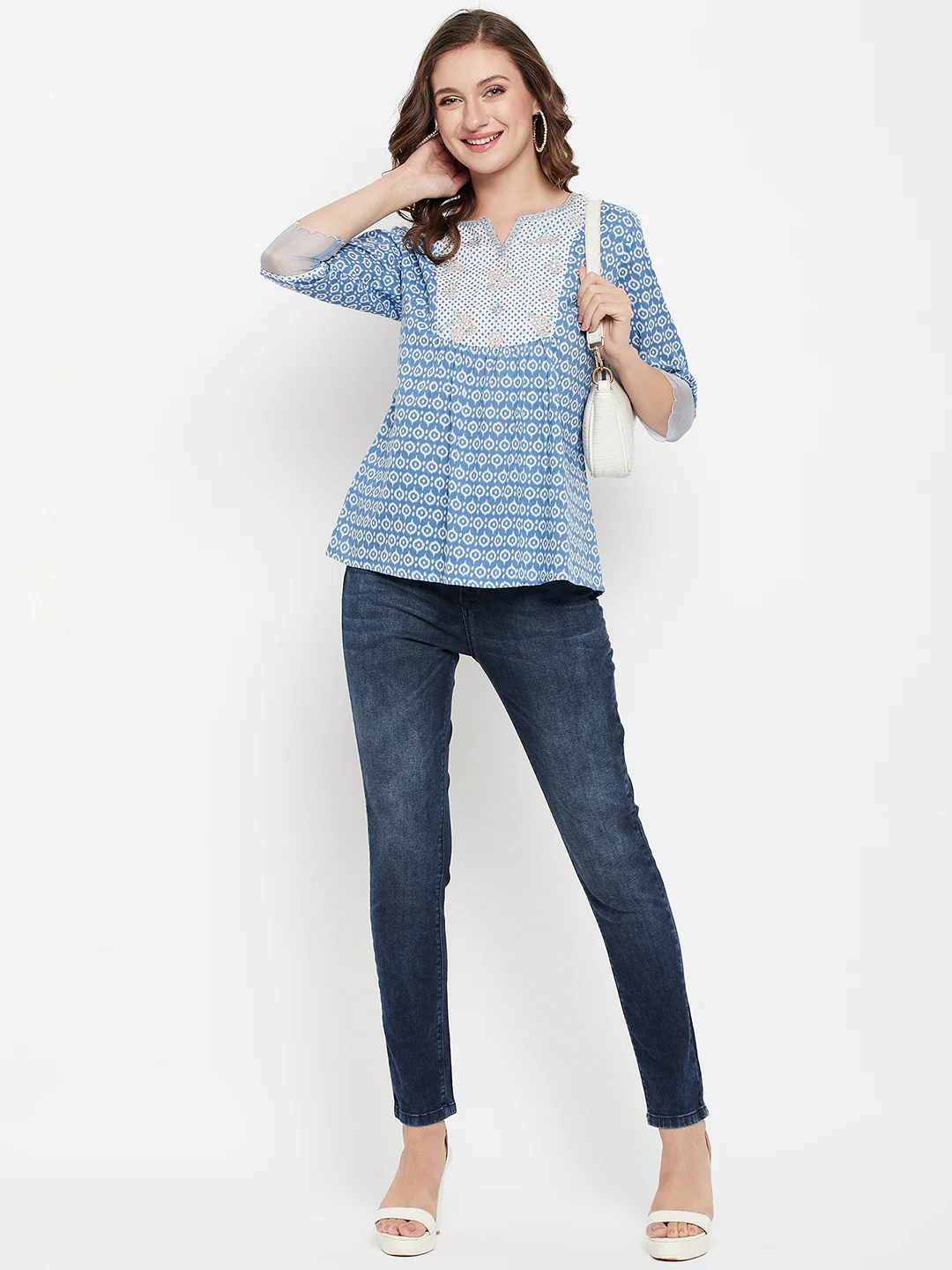 Women's Casual  Blue Geometric Print Round neck Tunic - Image 2