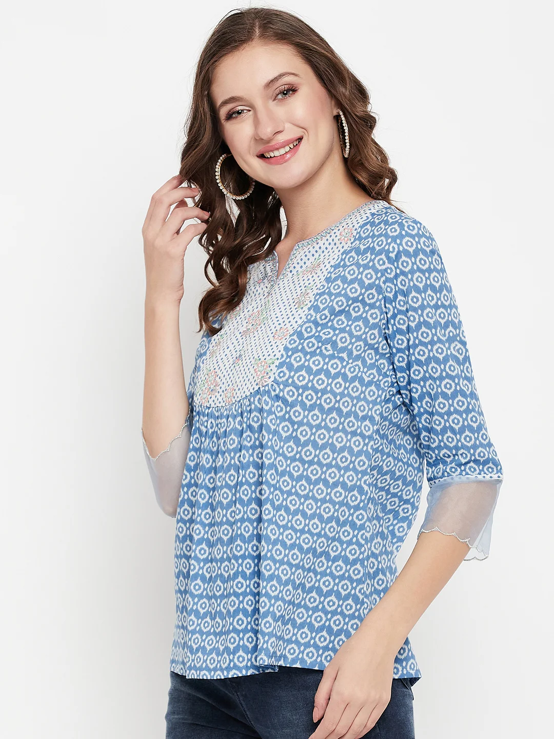 Women's Casual  Blue Geometric Print Round neck Tunic - Image 3