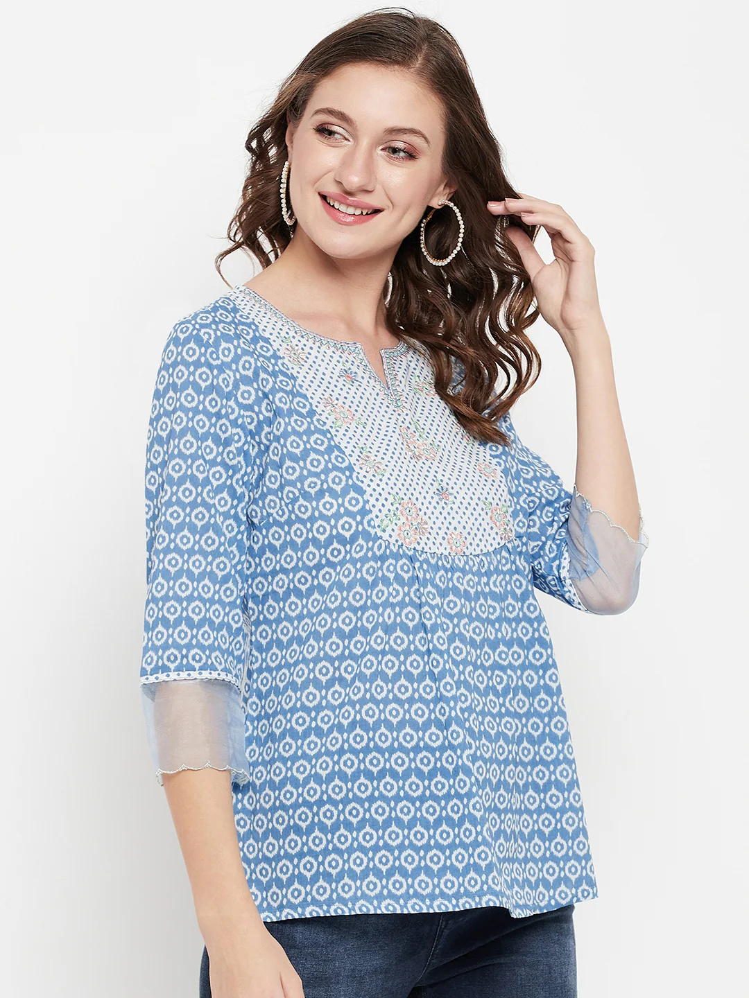 Women's Casual  Blue Geometric Print Round neck Tunic - Image 4