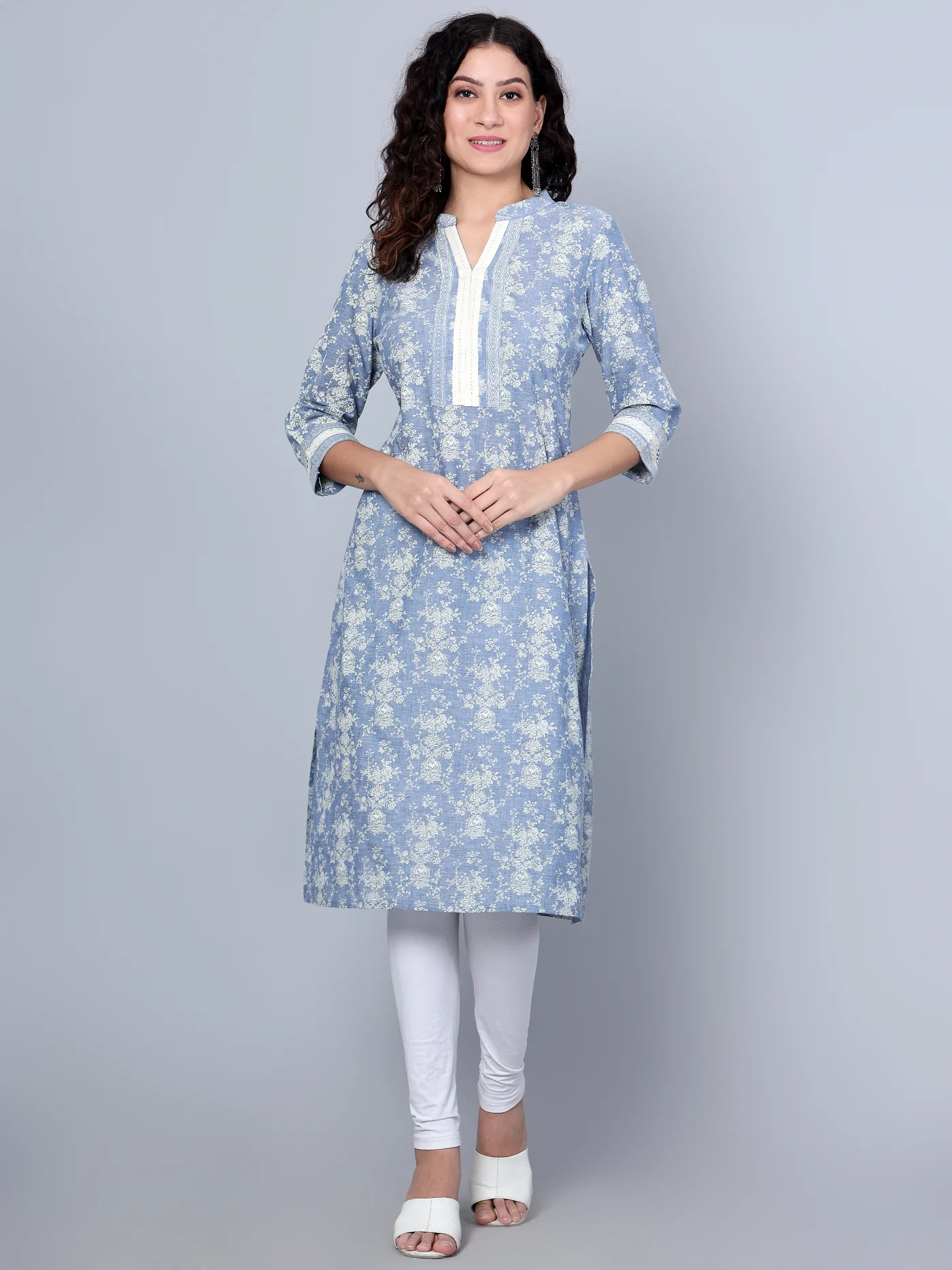 Women's Casual Band Collar Blue Printed Calf Length Kurti - Image 2