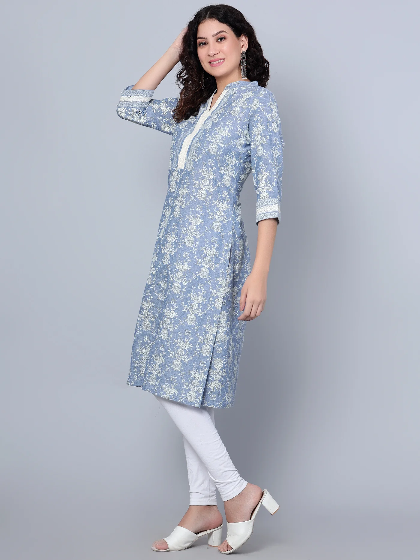 Women's Casual Band Collar Blue Printed Calf Length Kurti - Image 3