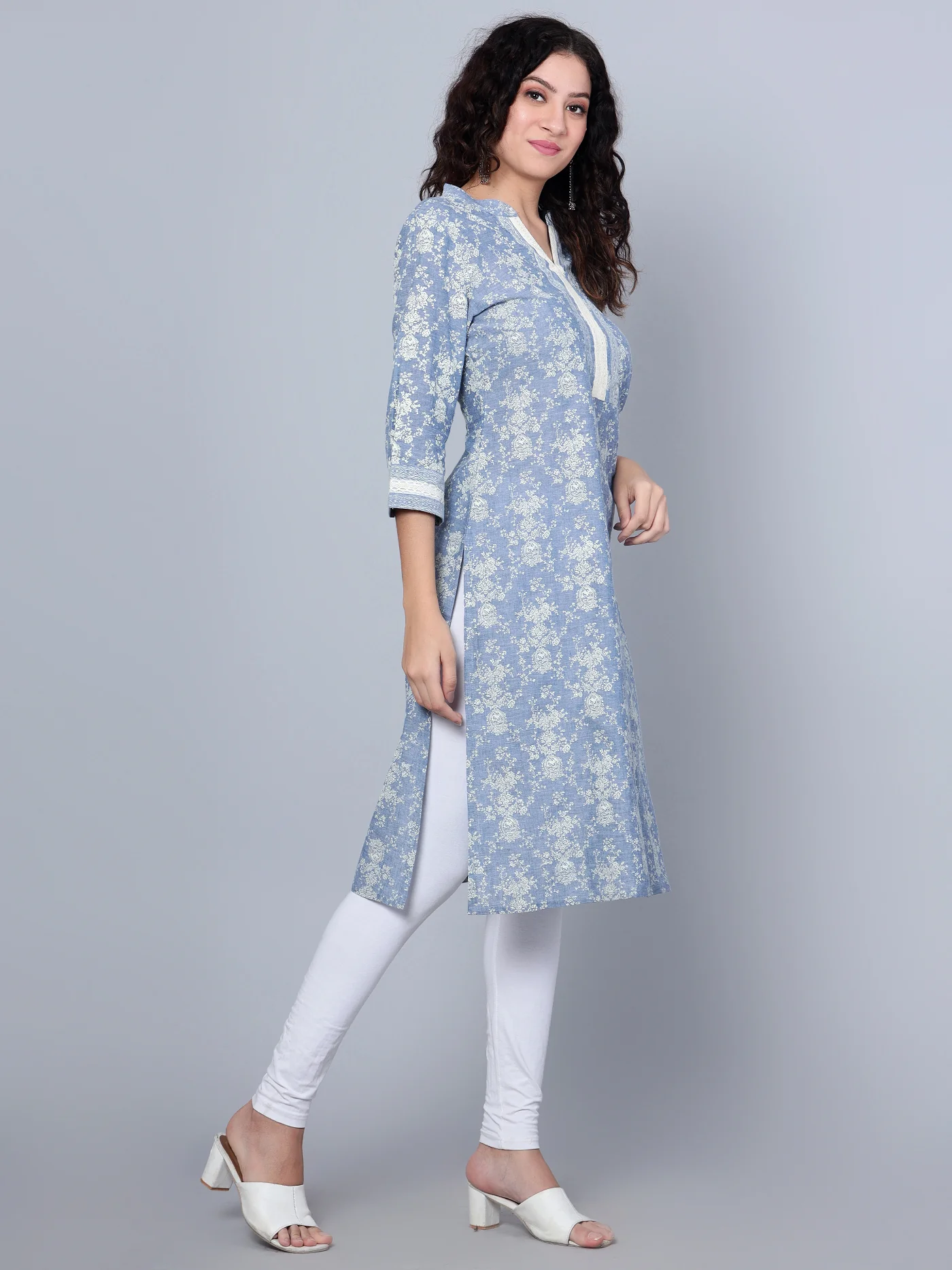Women's Casual Band Collar Blue Printed Calf Length Kurti - Image 4