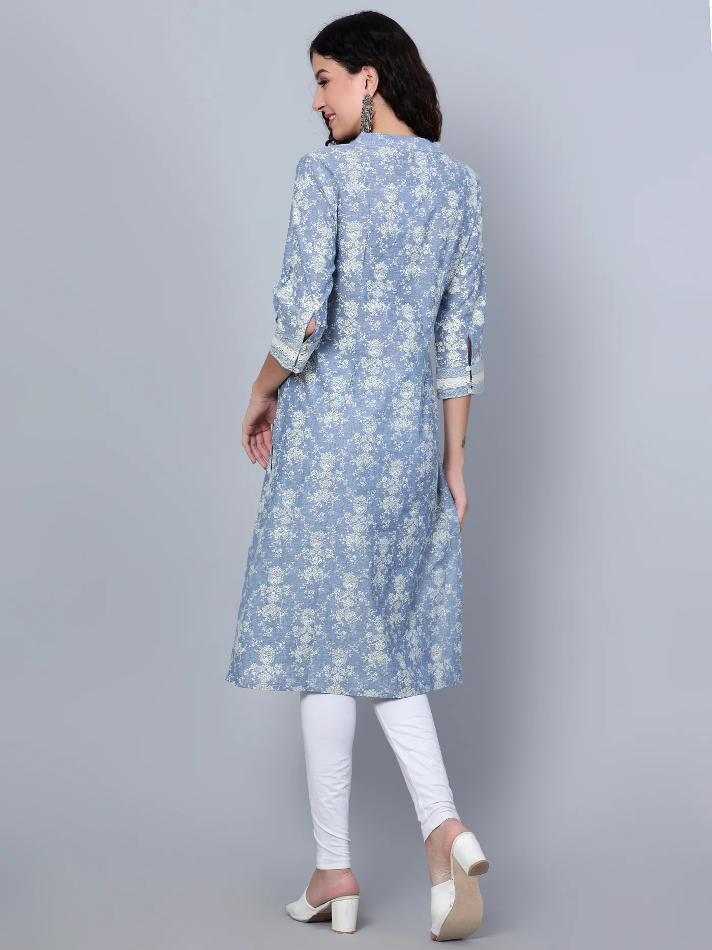 Women's Casual Band Collar Blue Printed Calf Length Kurti - Image 5