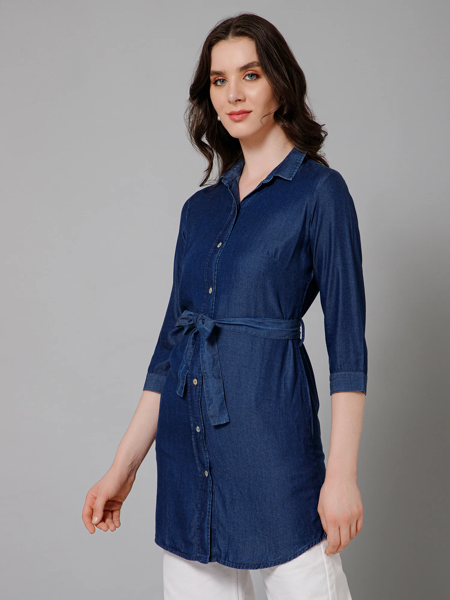 Women's Casual  Dark Blue Denim Solid Spread Collar Tunic - Image 2