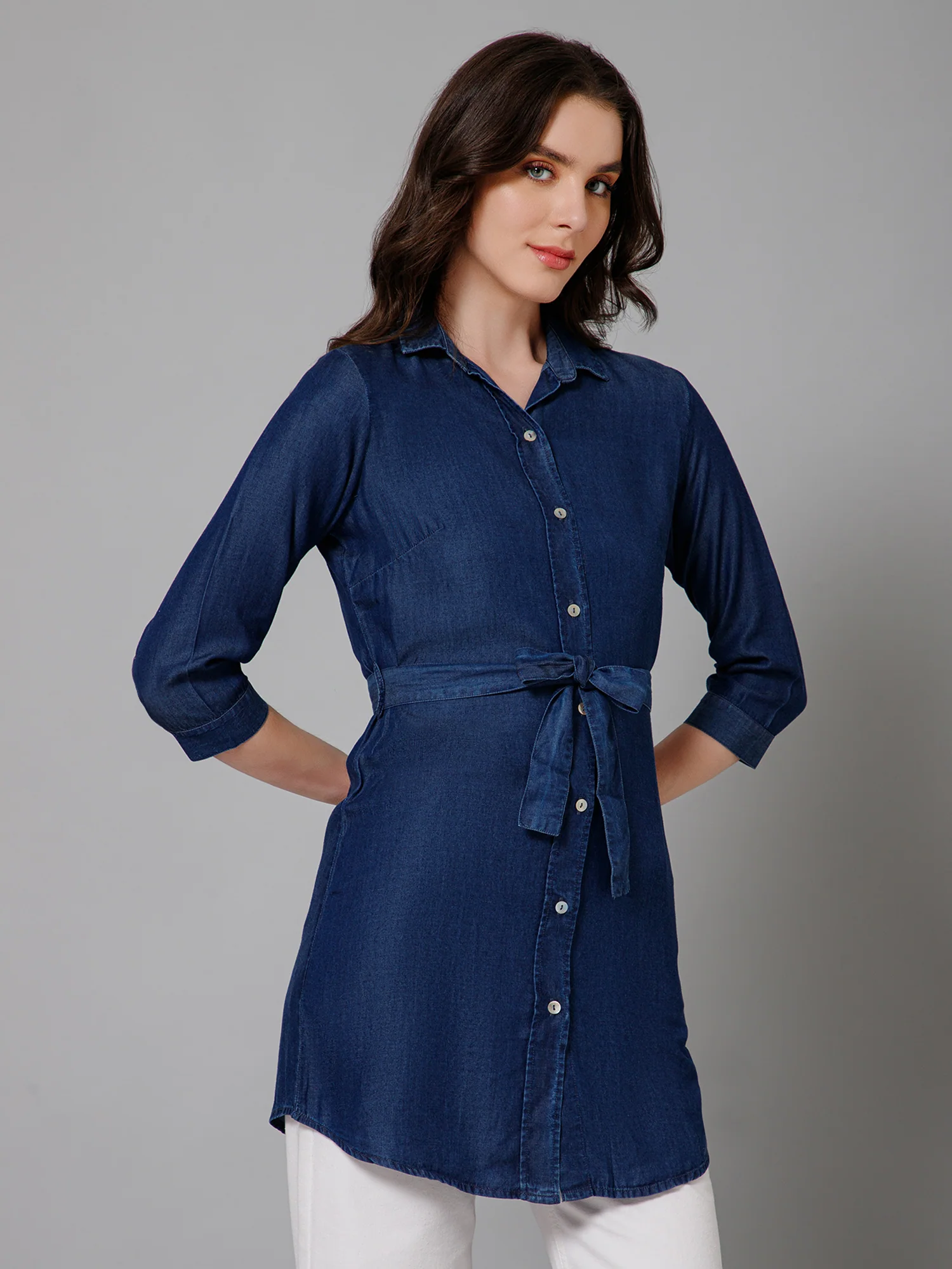 Women's Casual  Dark Blue Denim Solid Spread Collar Tunic - Image 3