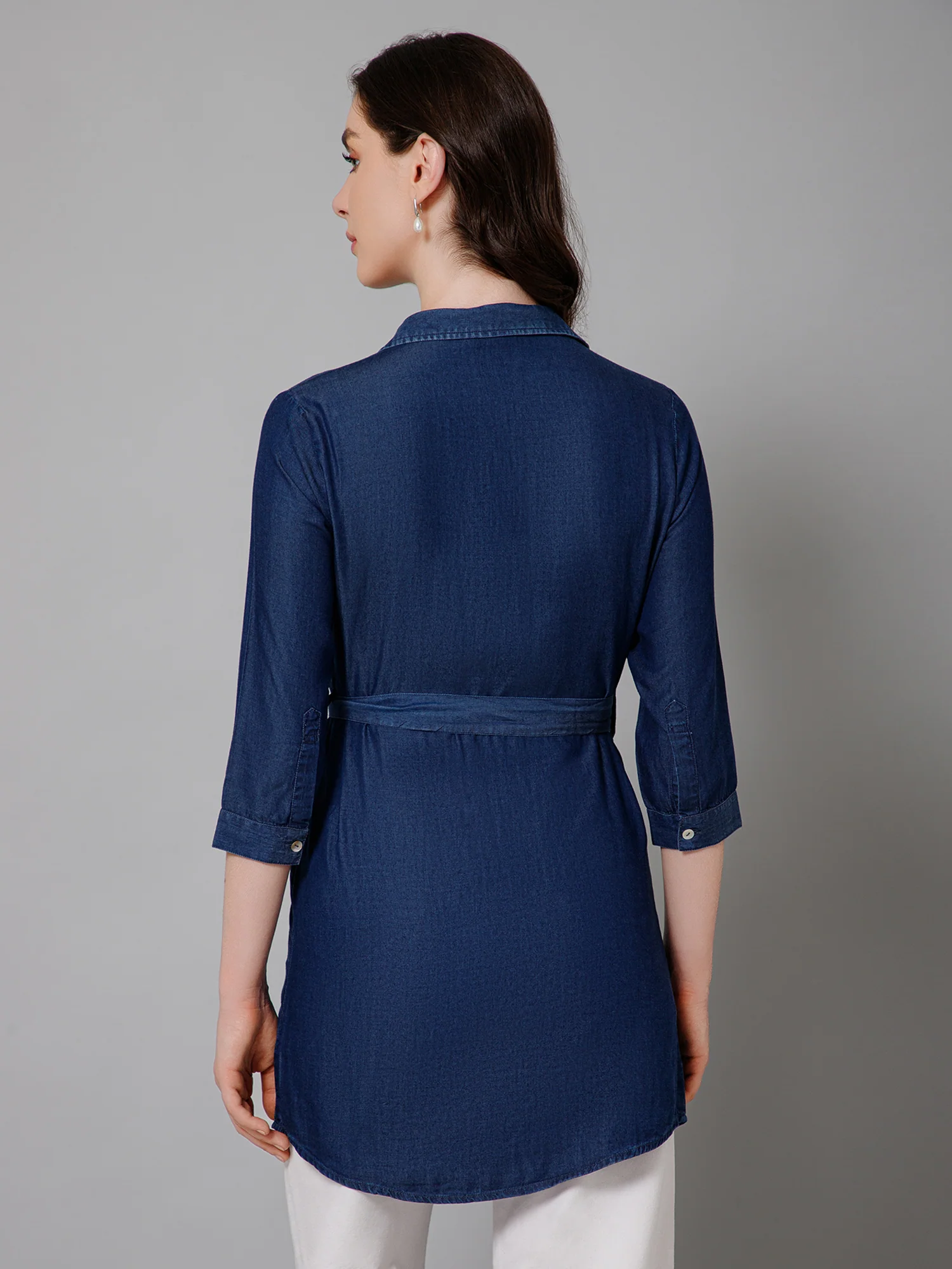 Women's Casual  Dark Blue Denim Solid Spread Collar Tunic - Image 4