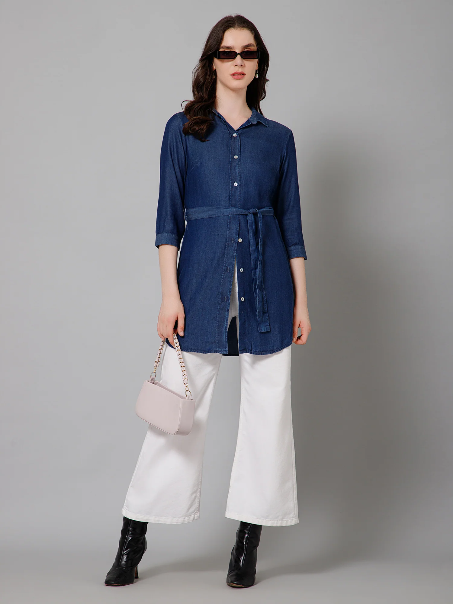Women's Casual  Dark Blue Denim Solid Spread Collar Tunic - Image 5