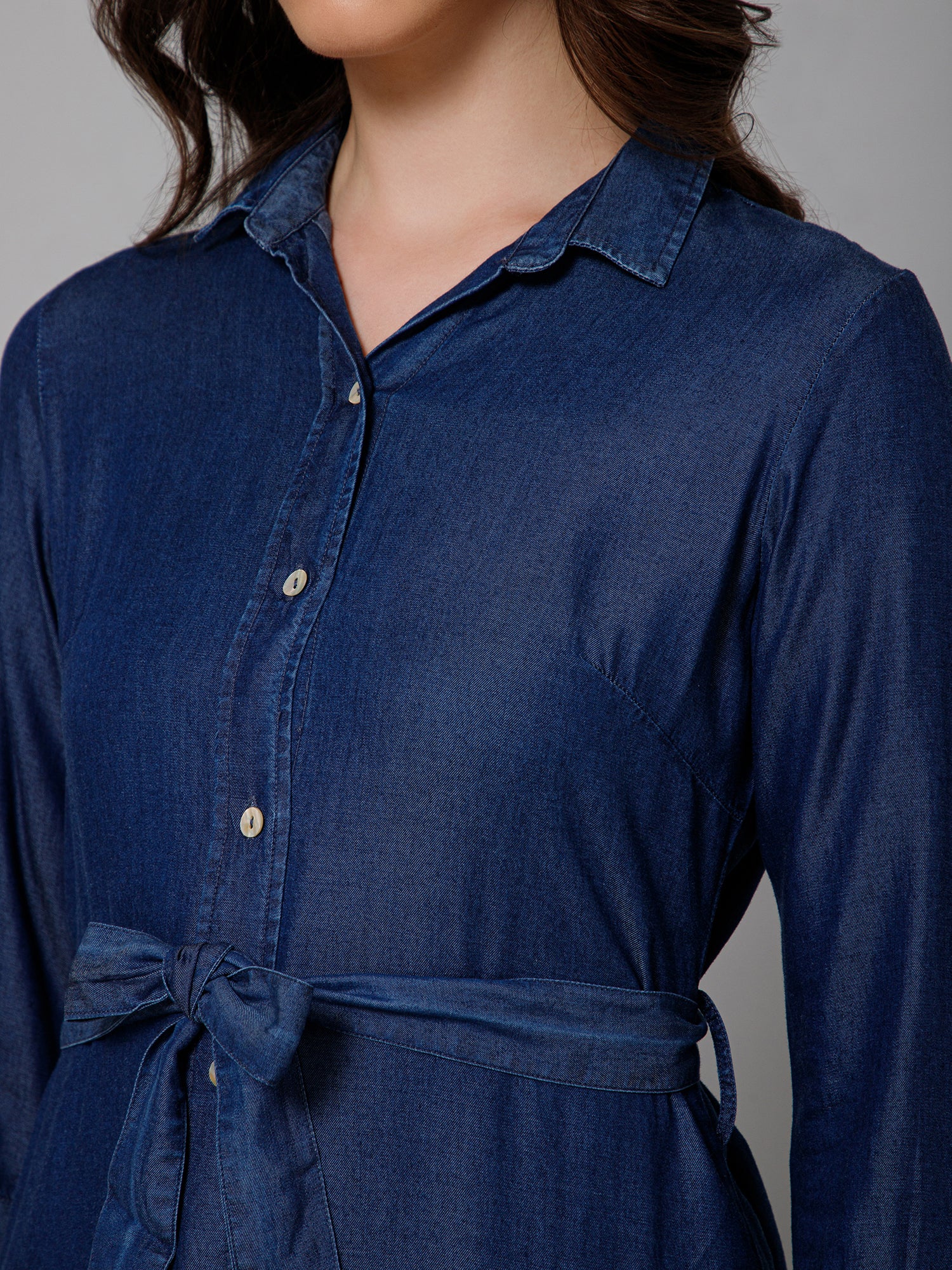 Women's Casual  Dark Blue Denim Solid Spread Collar Tunic - Image 6