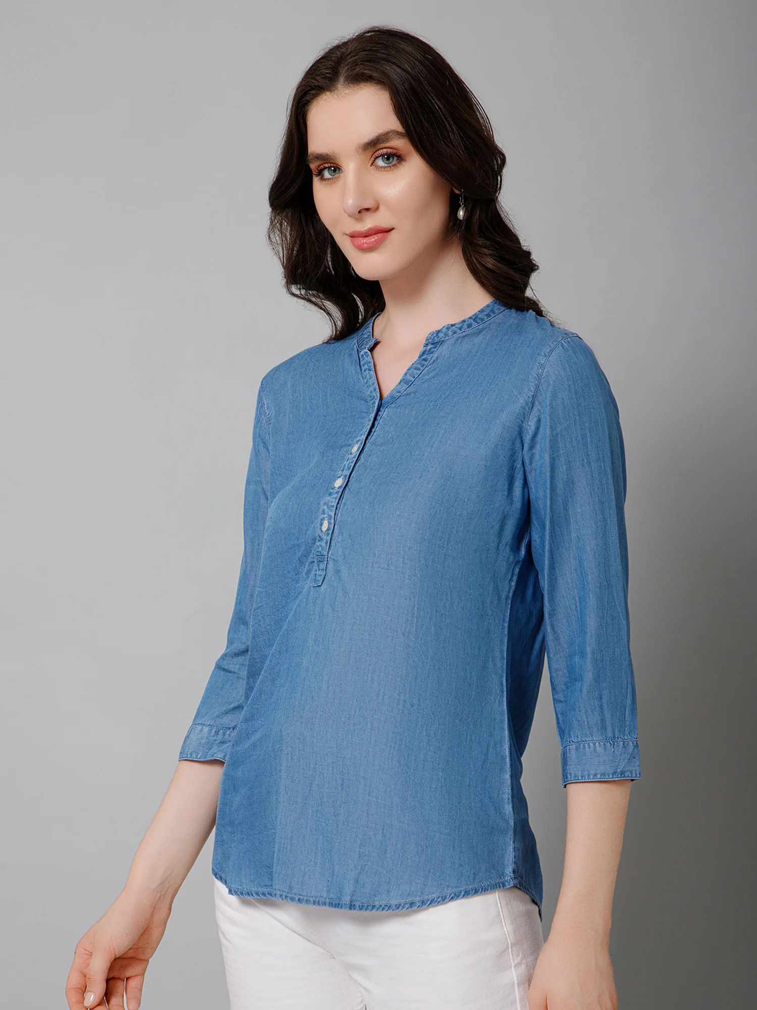 Women's Casual  Medium Blue Denim Solid Mandarin Collar Tunic - Image 2