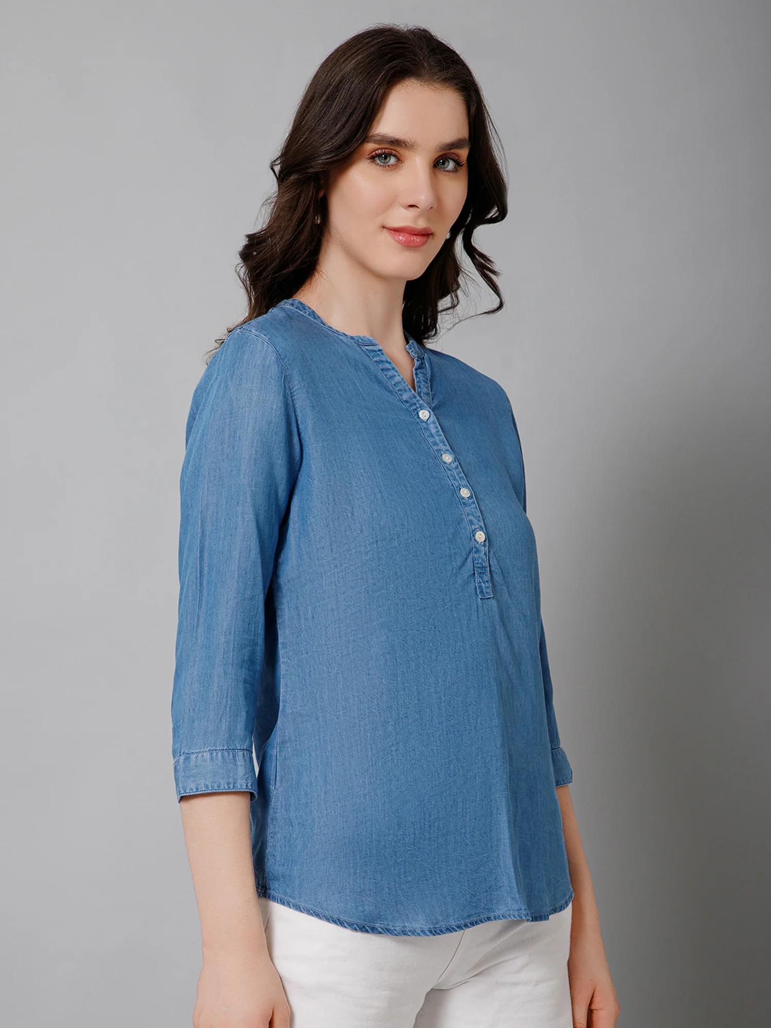 Women's Casual  Medium Blue Denim Solid Mandarin Collar Tunic - Image 3