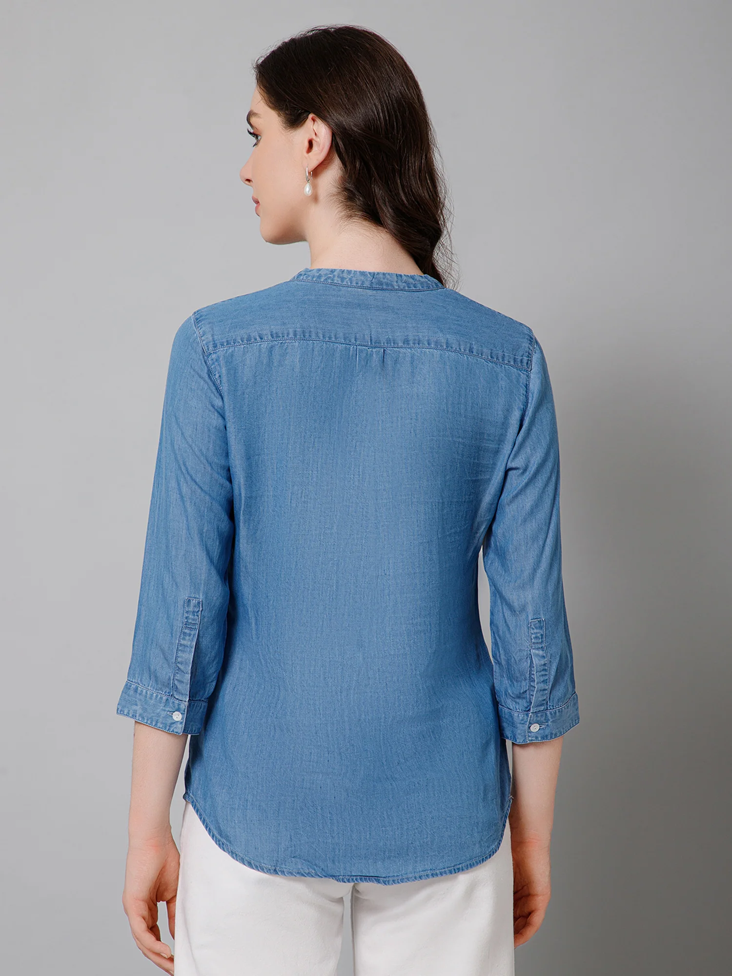 Women's Casual  Medium Blue Denim Solid Mandarin Collar Tunic - Image 4