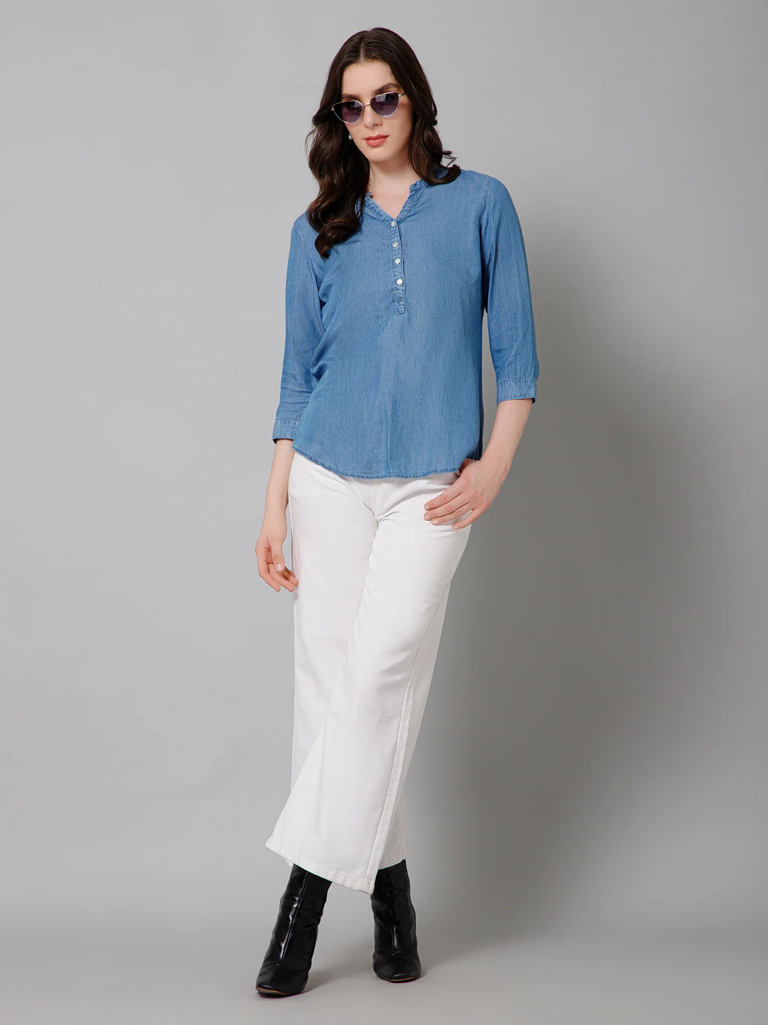 Women's Casual  Medium Blue Denim Solid Mandarin Collar Tunic - Image 5