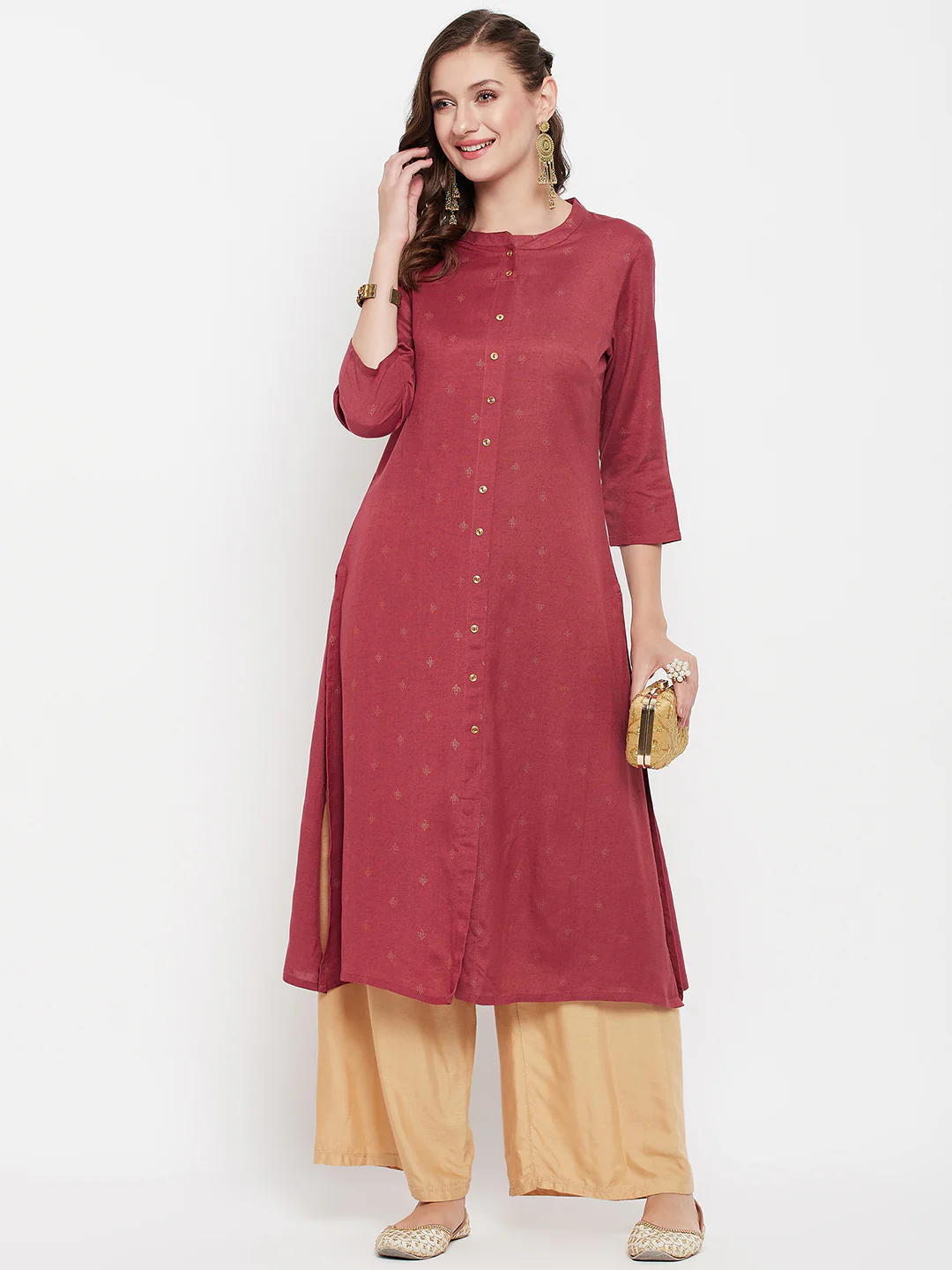 Women's Casual Round Neck Brick All Over Printed Calf Length Kurti - Image 2