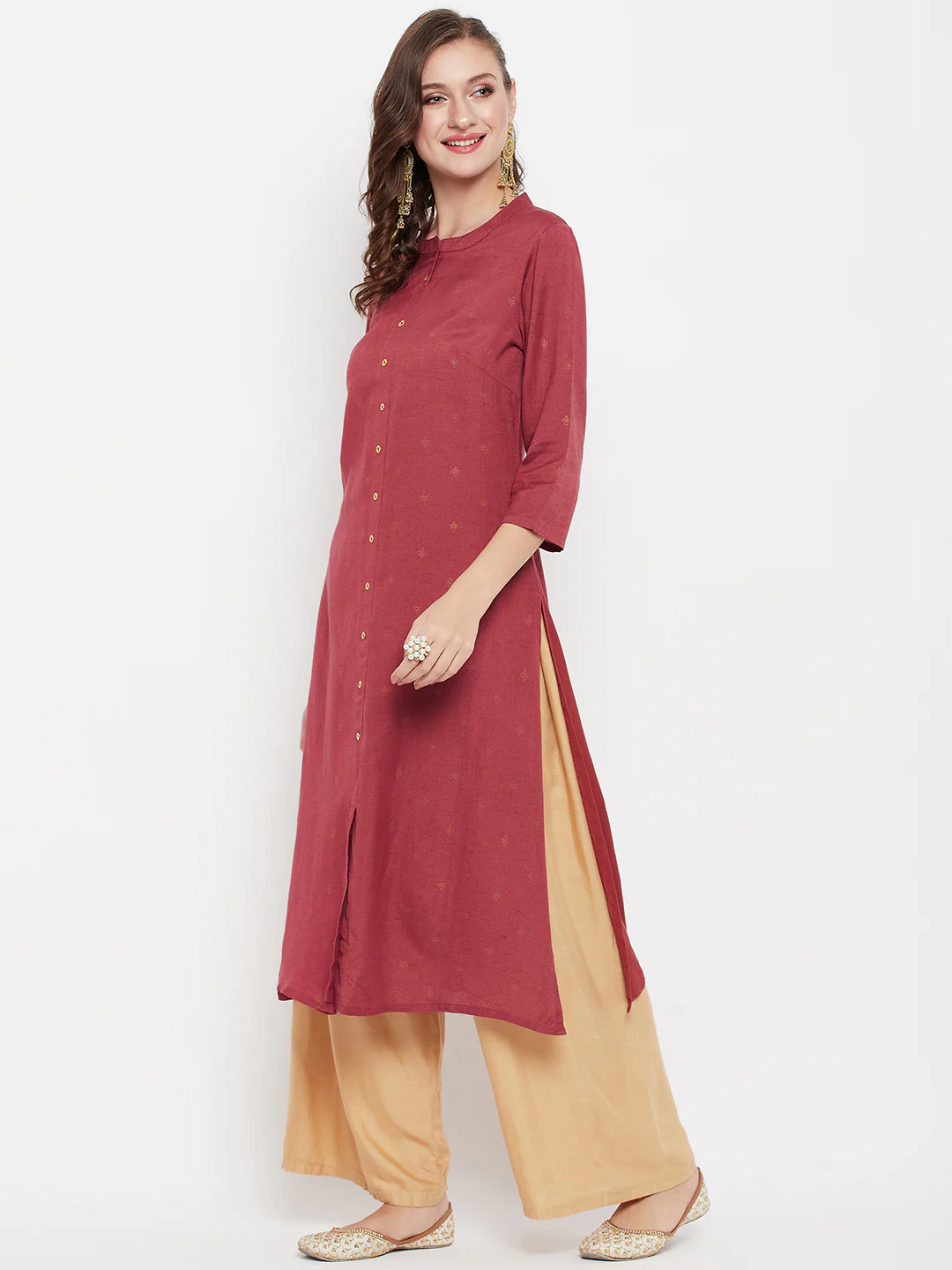 Women's Casual Round Neck Brick All Over Printed Calf Length Kurti - Image 3