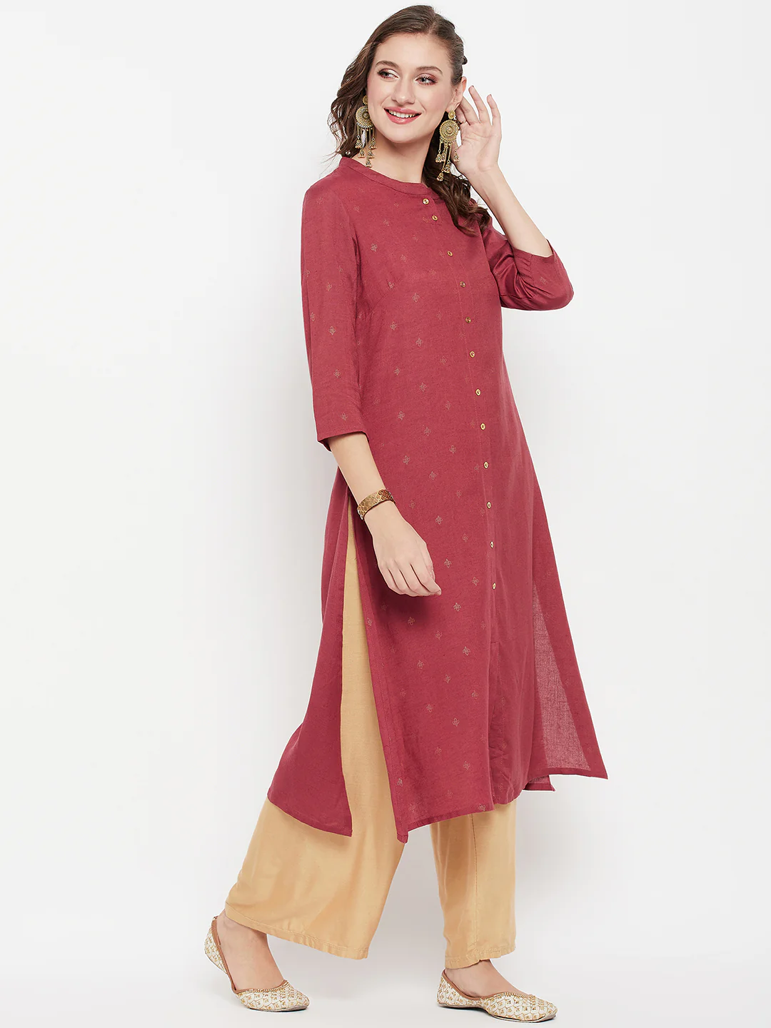 Women's Casual Round Neck Brick All Over Printed Calf Length Kurti - Image 4