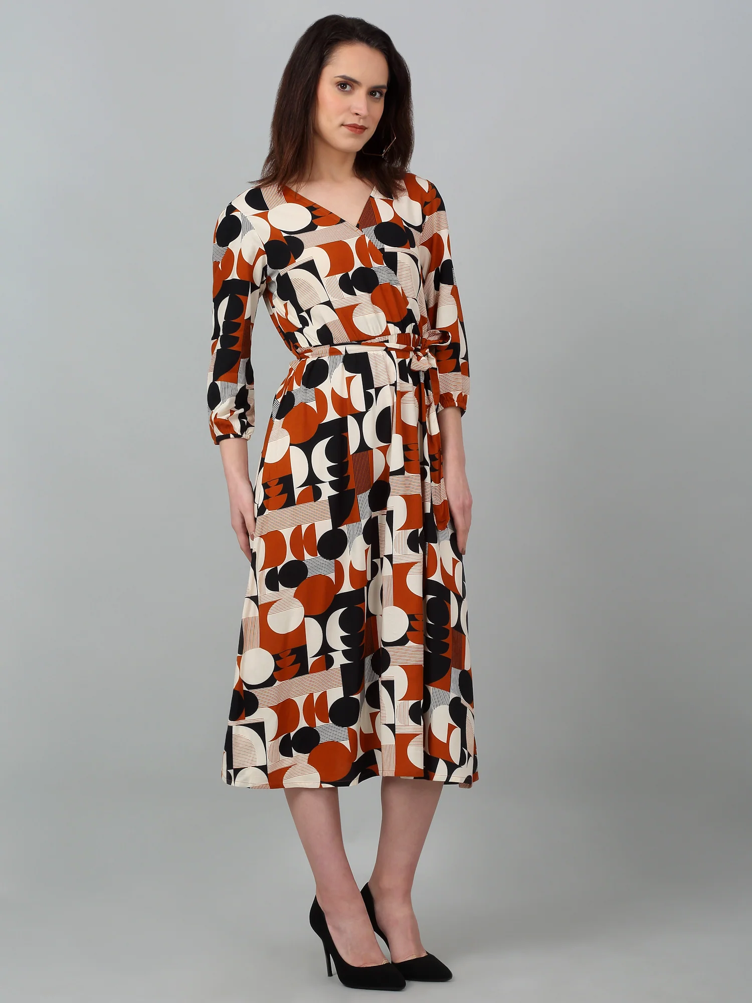 Women's Casual V neck Brown Geometric Print Fit & Flared Dress - Image 2