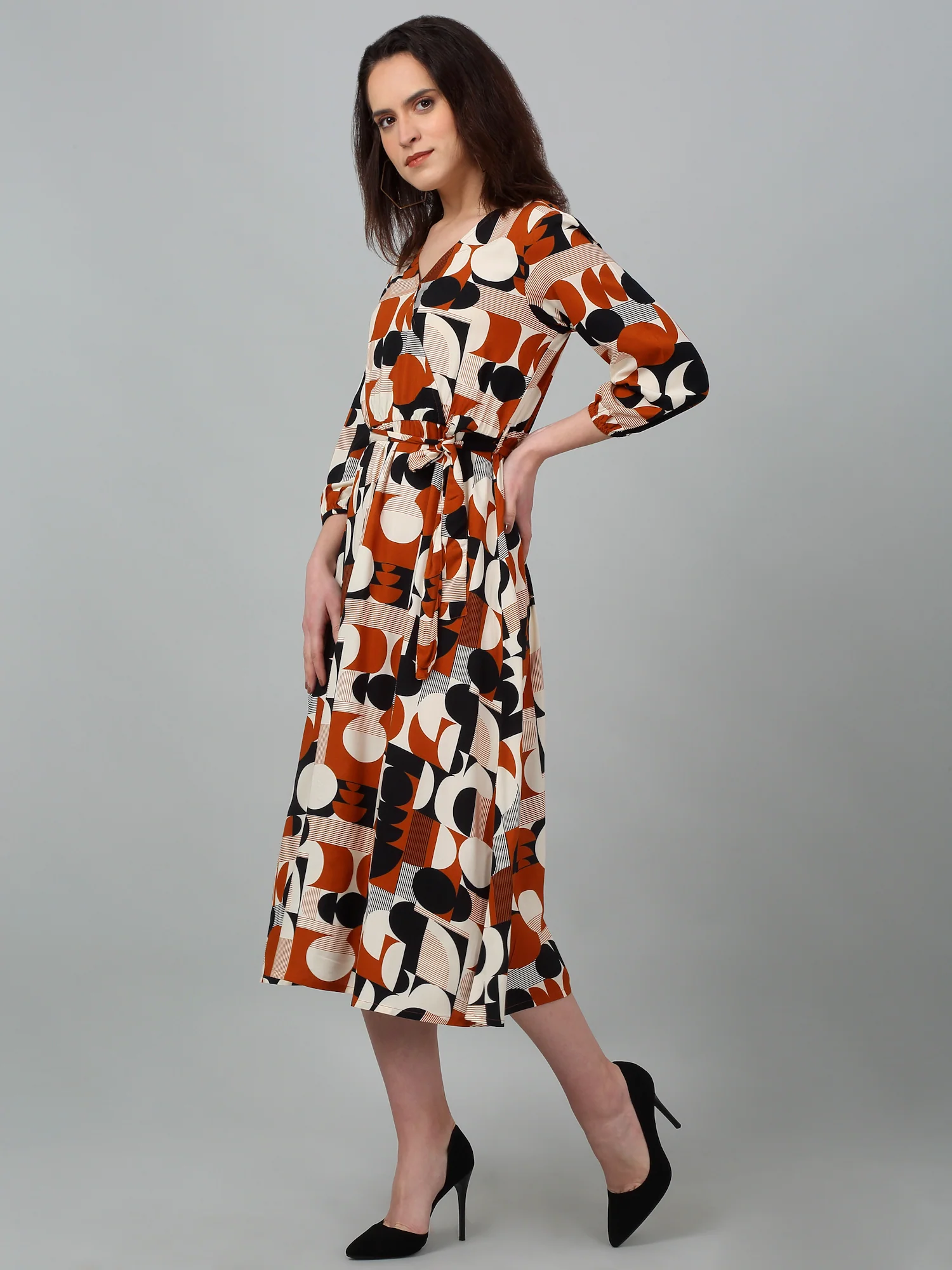 Women's Casual V neck Brown Geometric Print Fit & Flared Dress - Image 3