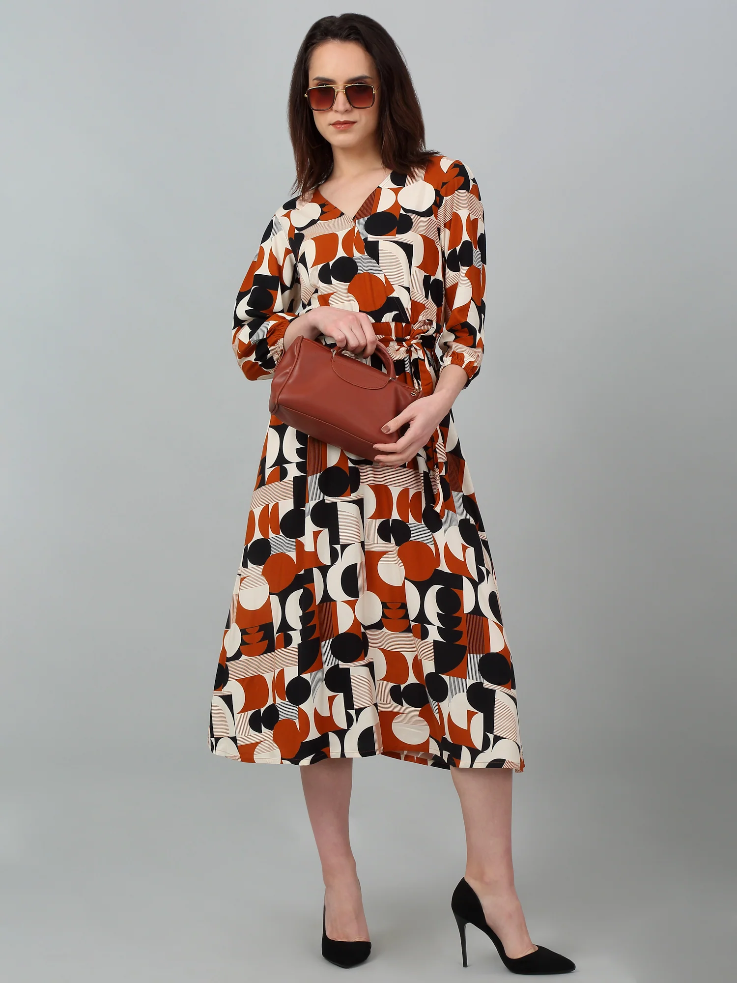 Women's Casual V neck Brown Geometric Print Fit & Flared Dress - Image 5