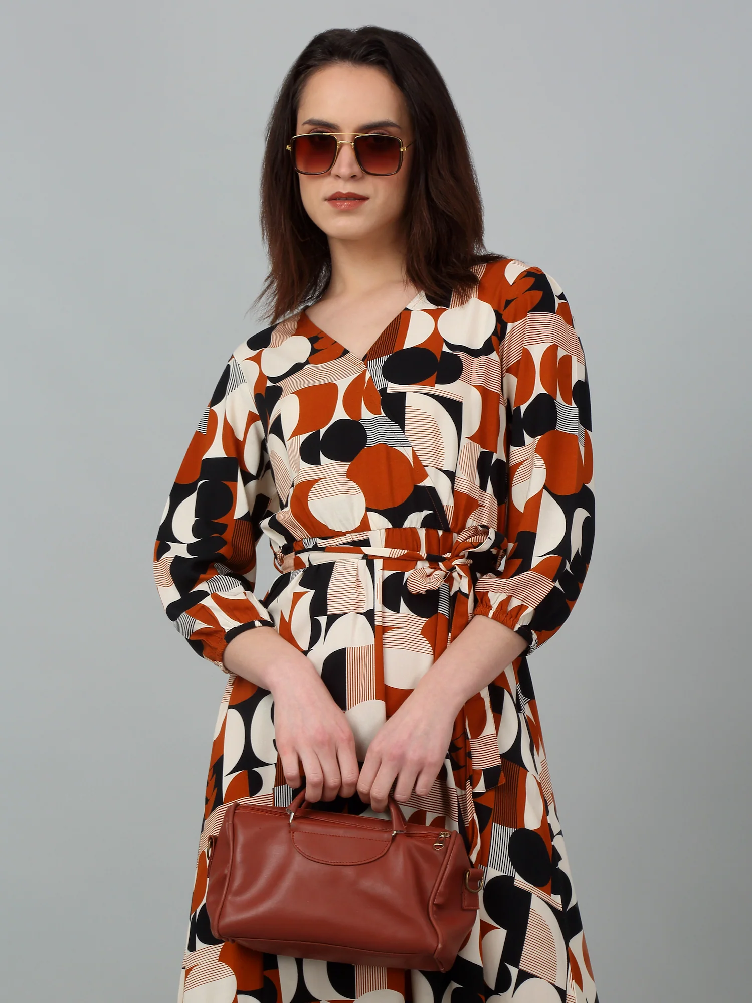 Women's Casual V neck Brown Geometric Print Fit & Flared Dress - Image 6