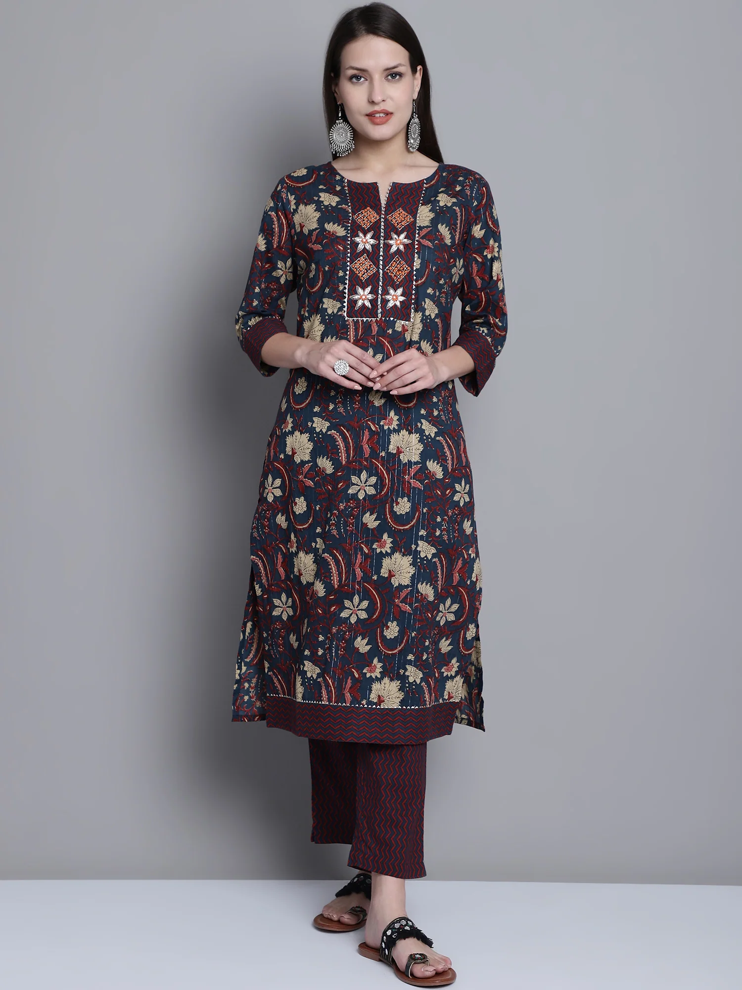 Women's Casual Navy Blue Printed & Embroidered Palazzo Set
