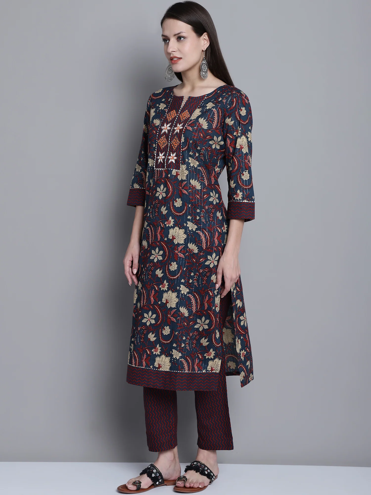Women's Casual Navy Blue Printed & Embroidered Palazzo Set - Image 2