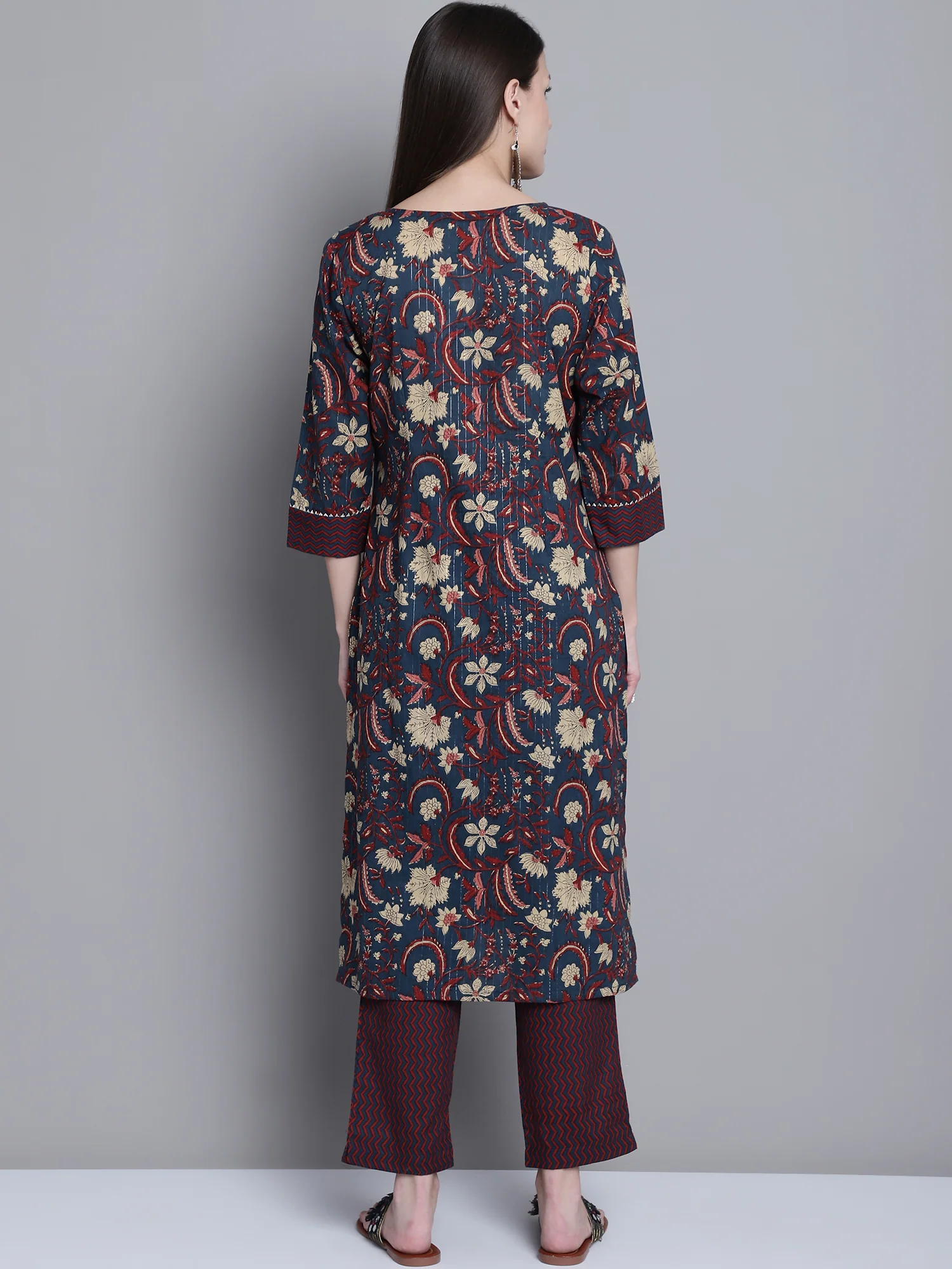Women's Casual Navy Blue Printed & Embroidered Palazzo Set - Image 3