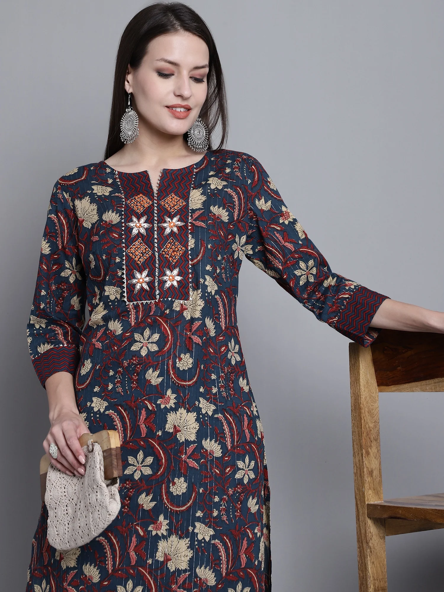 Women's Casual Navy Blue Printed & Embroidered Palazzo Set - Image 6