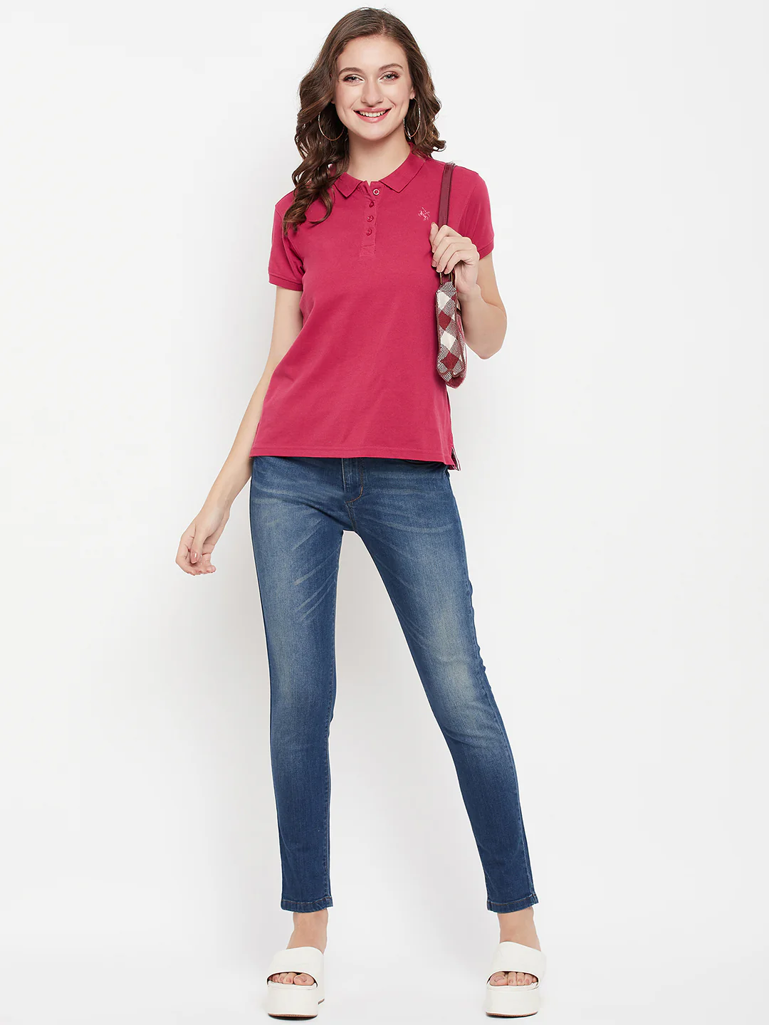 Women's Casual Regular Short Sleeve Dark Pink Polo neck  T-Shirt - Image 2