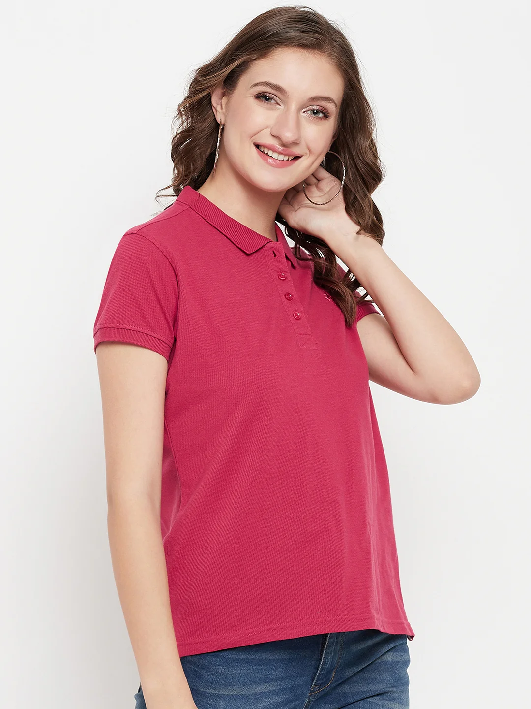 Women's Casual Regular Short Sleeve Dark Pink Polo neck  T-Shirt - Image 4
