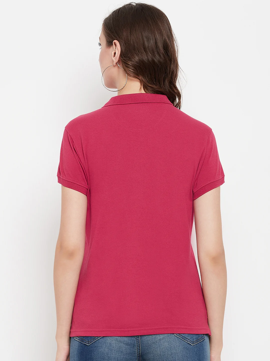 Women's Casual Regular Short Sleeve Dark Pink Polo neck  T-Shirt - Image 5