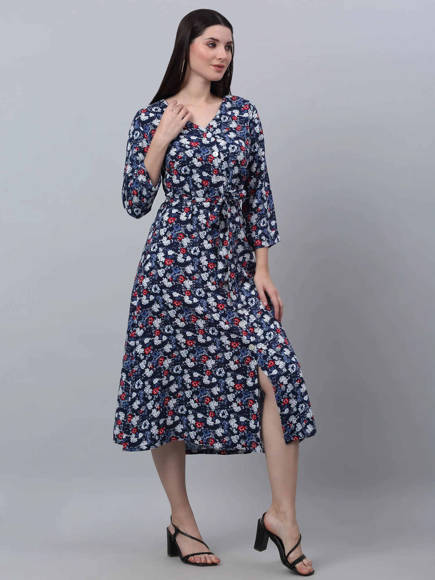 Women's Casual V neck Blue Floral Print Fit & Flared Dress - Image 3