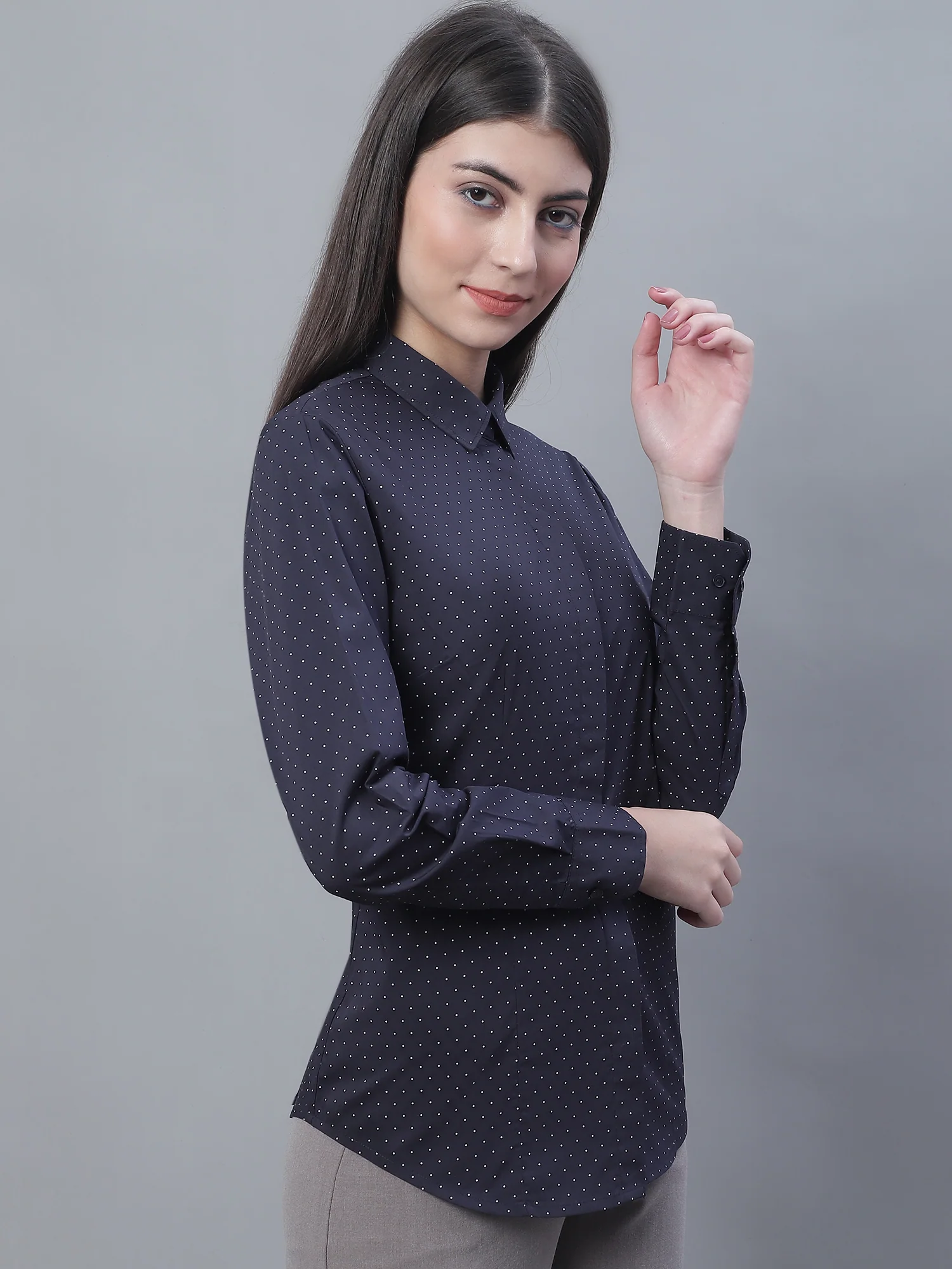 Women’s Navy Blue Full Sleeve Formal Shirt | Cantabil - Image 4