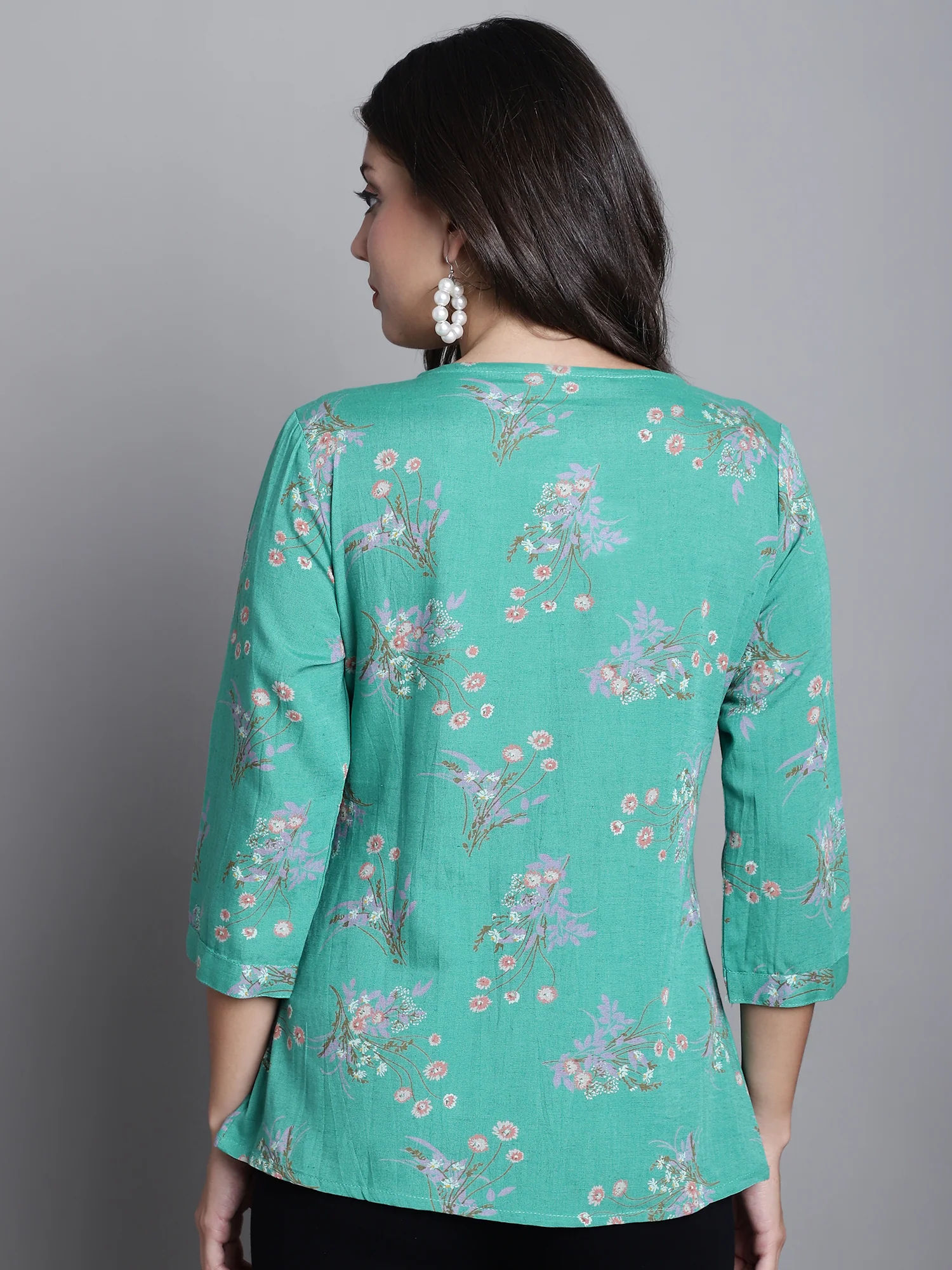 Women's Casual Green Floral Print Round neck with tie up Top - Image 2