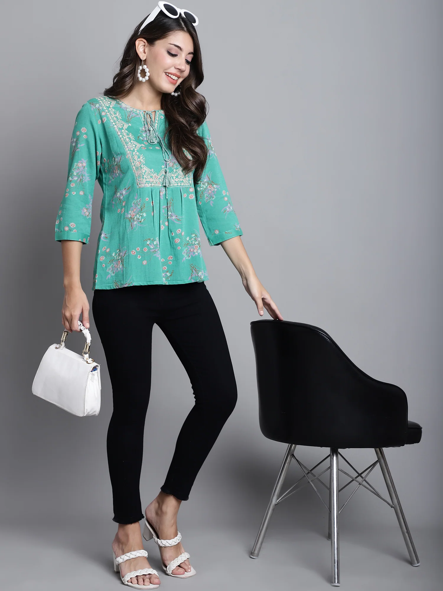 Women's Casual Green Floral Print Round neck with tie up Top - Image 5