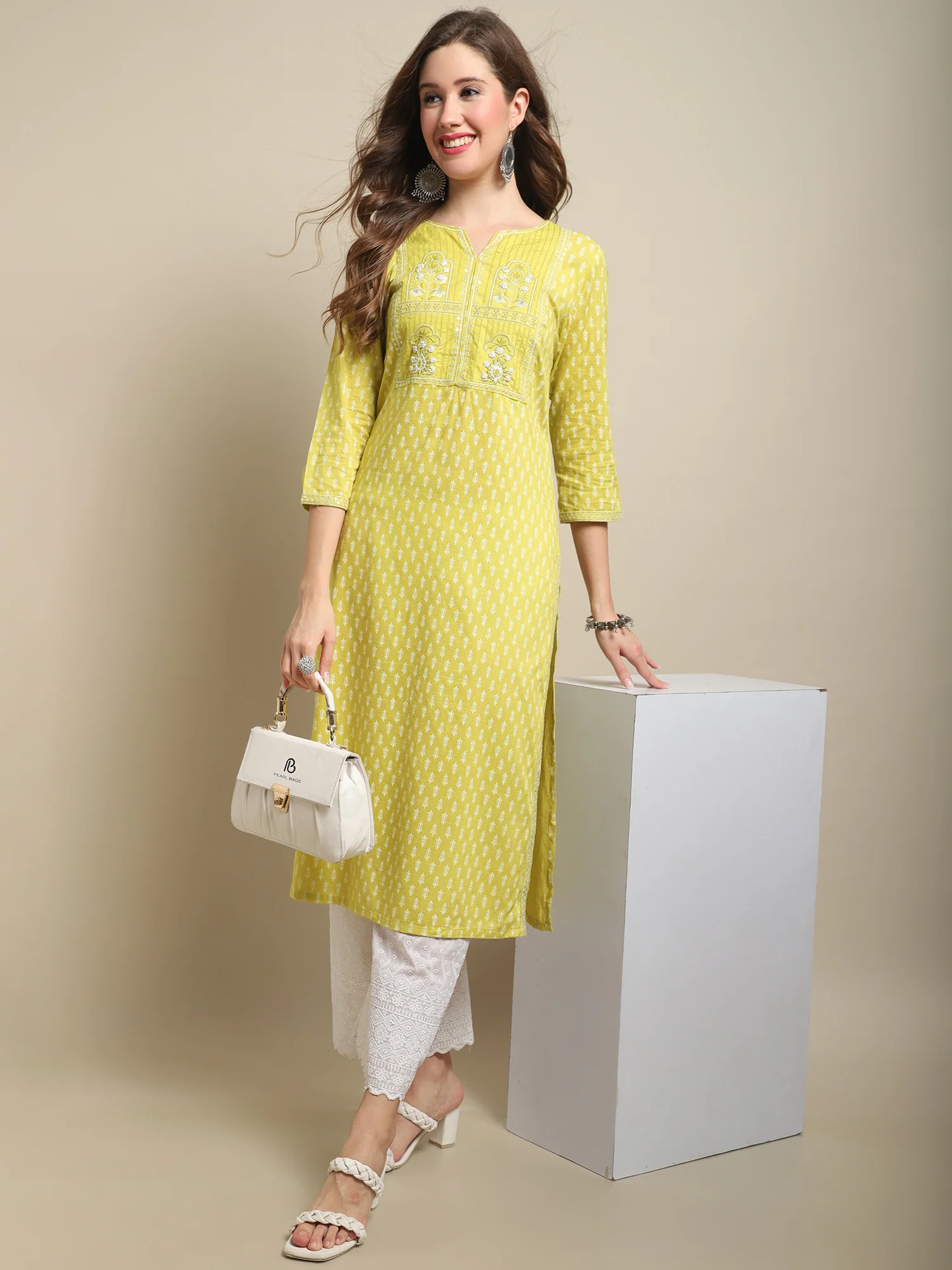 Women's Casual Round neck Green Printed & Embroidered Calf length Kurti - Image 5