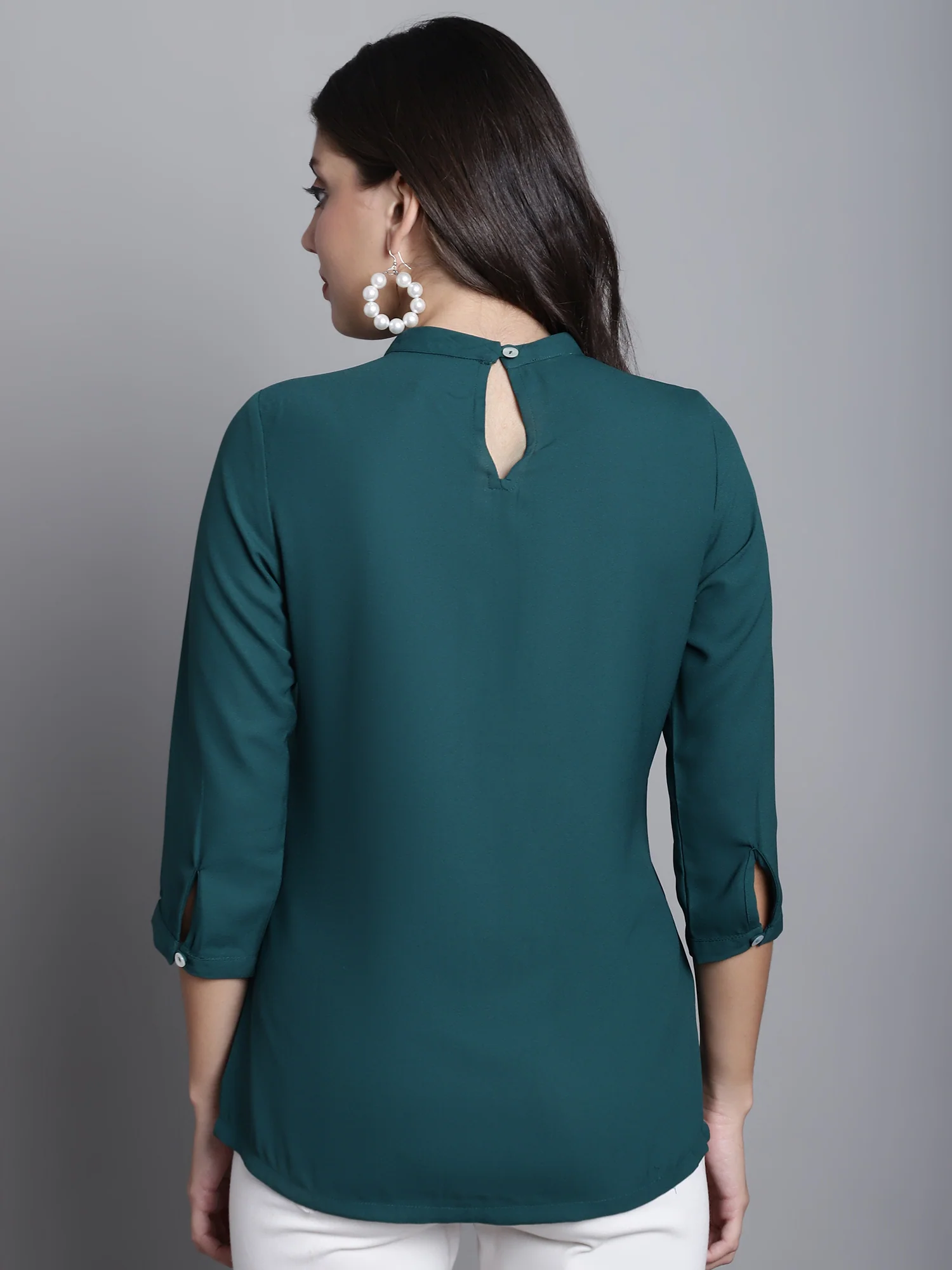 Women's Casual  Green Solid Band Collar Top - Image 2