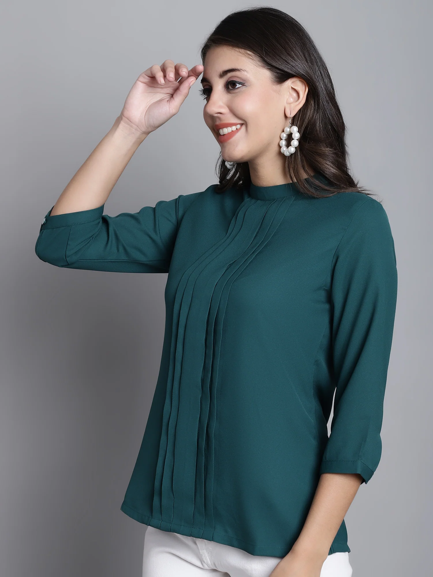 Women's Casual  Green Solid Band Collar Top - Image 3