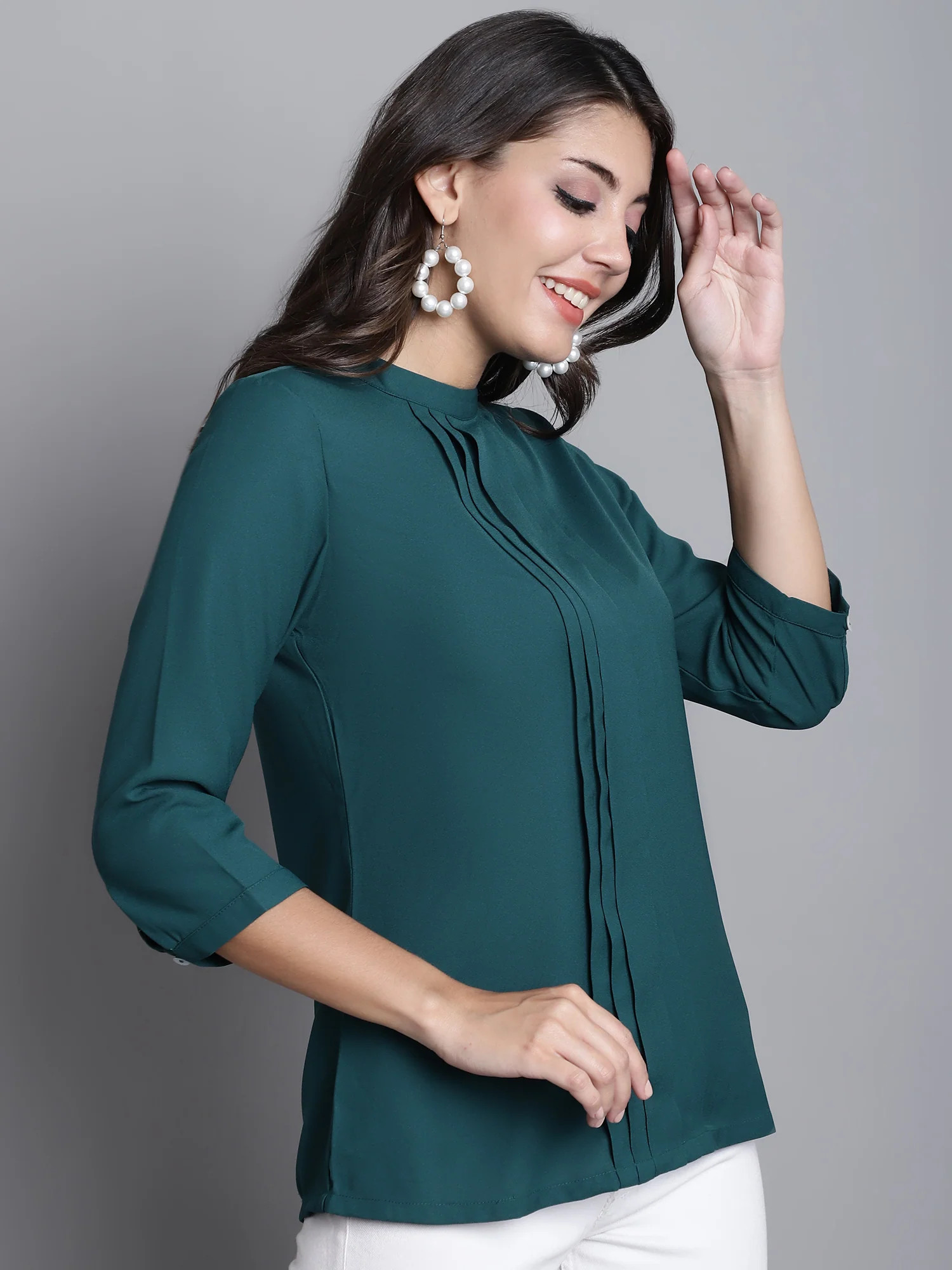 Women's Casual  Green Solid Band Collar Top - Image 4