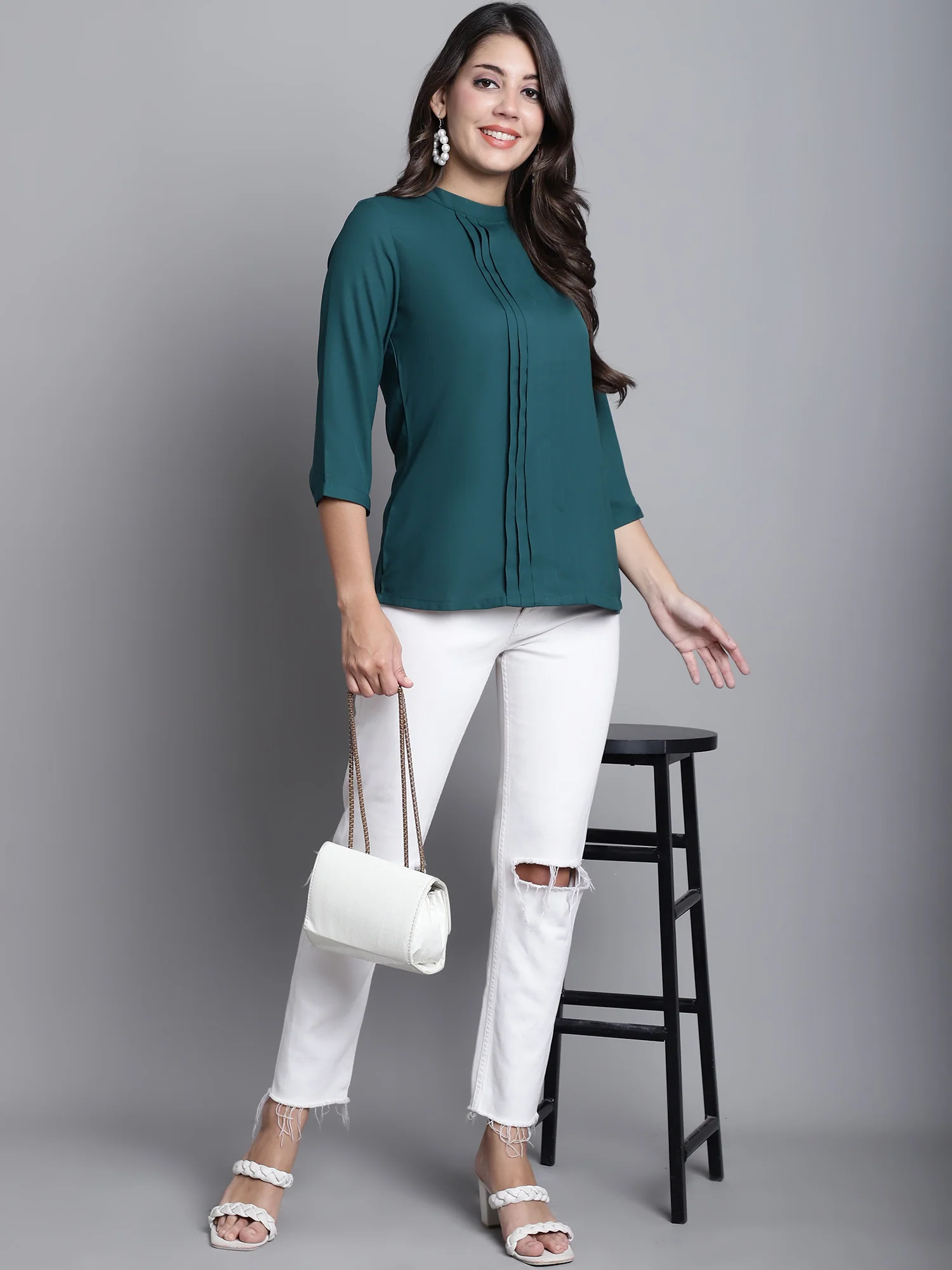 Women's Casual  Green Solid Band Collar Top - Image 5