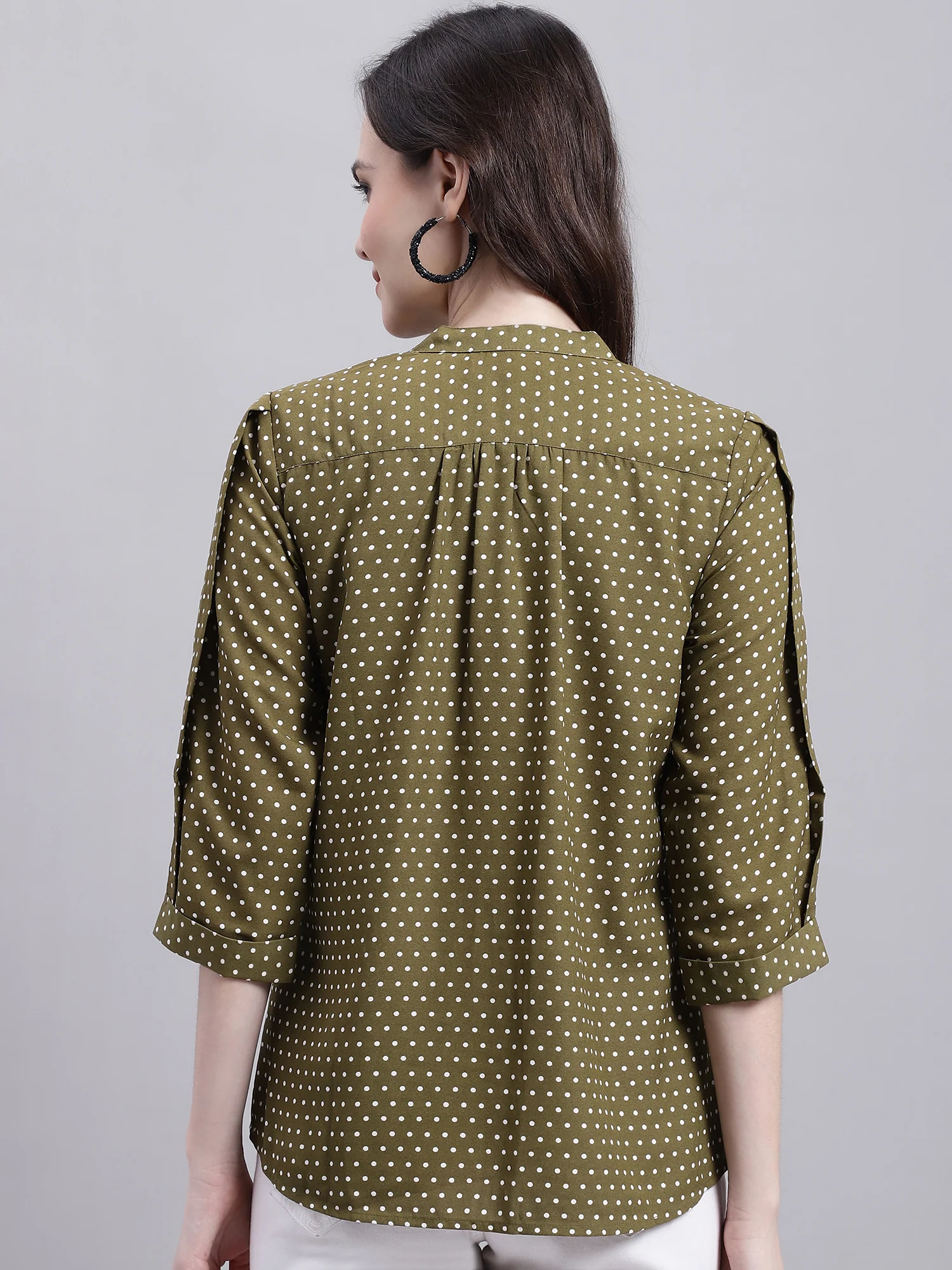 Women's Casual  Green Polka dot Print Mandarin Collar Top - Image 2